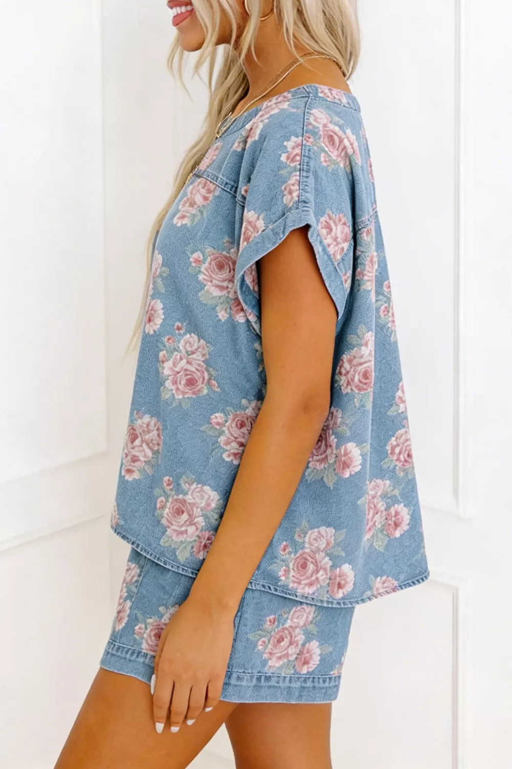 Floral Print Top and Shorts Denim Set, image 3