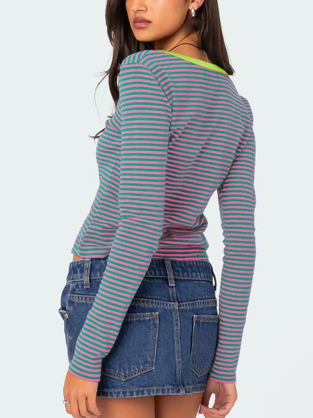 Buttoned Striped Long Sleeve T-Shirt, image 22