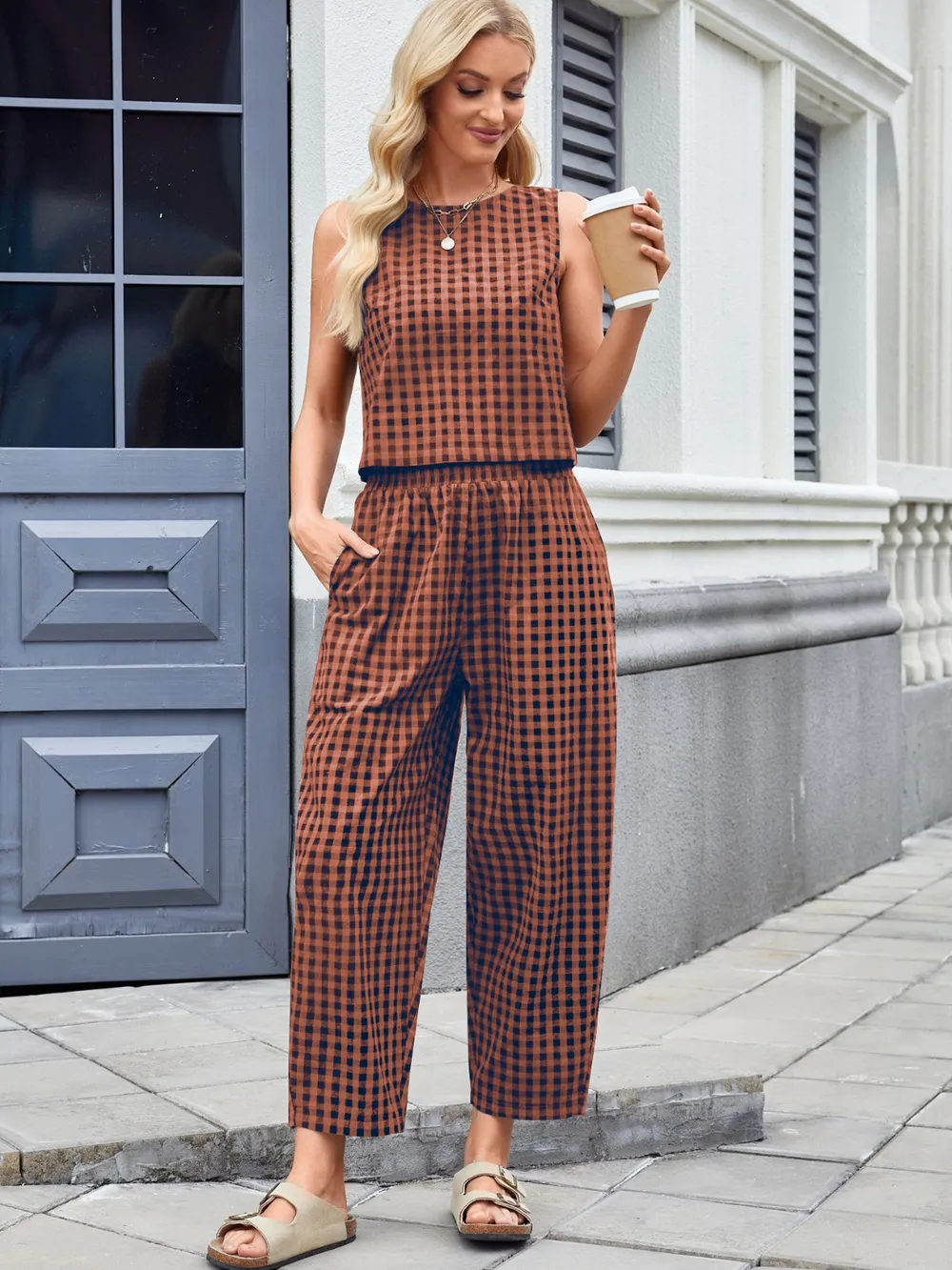 Plaid Sleeveless Top and Pants Set, image 7