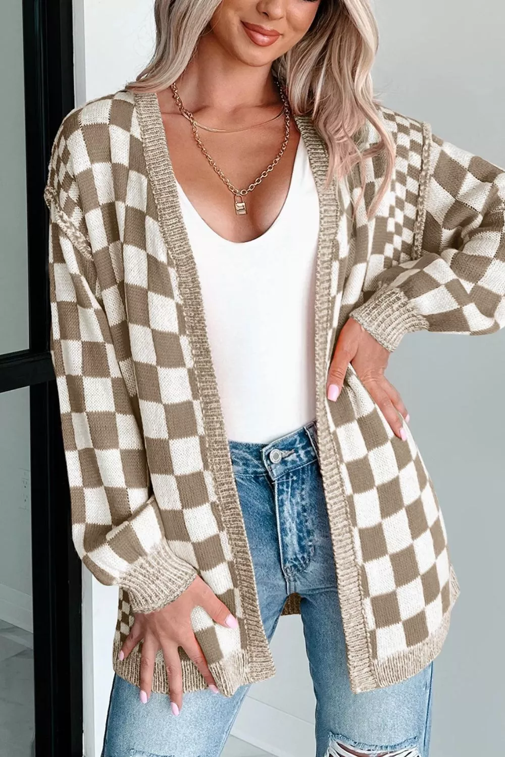 Checkerboard Print Open Front Knit Cardigan, image 8
