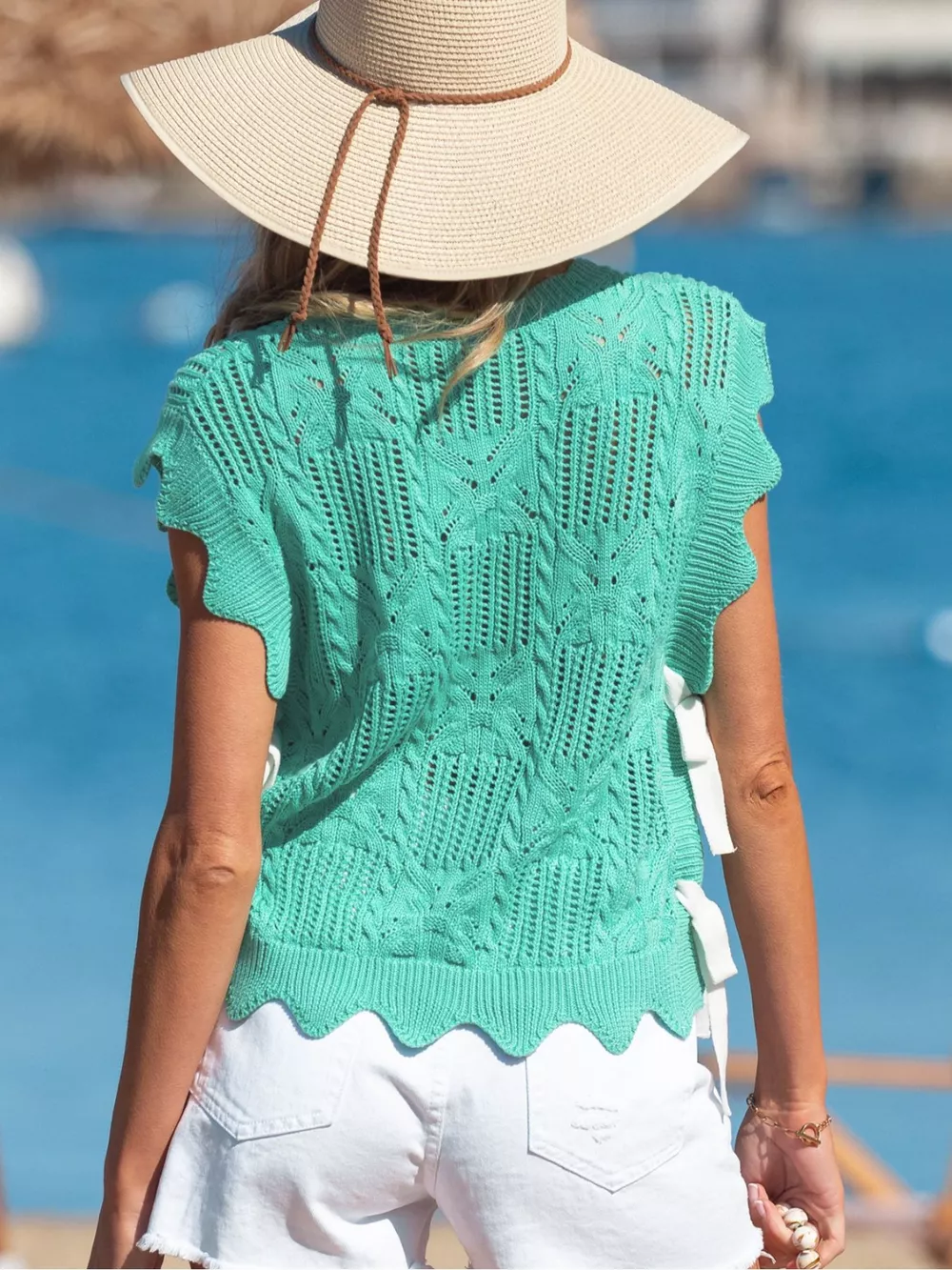 Pointelle Knit Patterned Scalloped Trim Short Sleeve Sweater, image 3