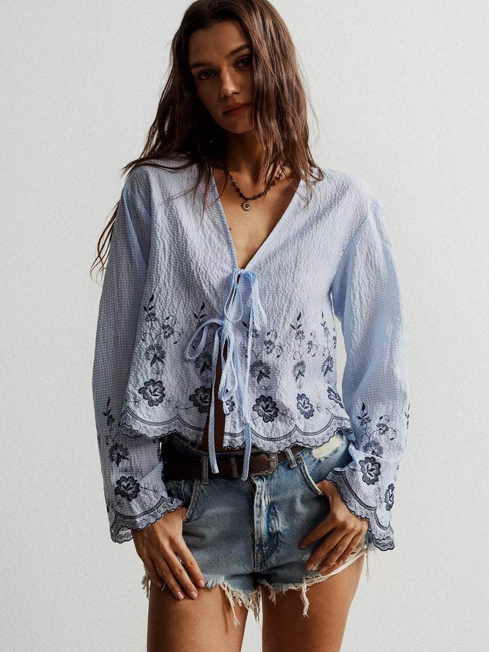 Floral Embroidered Tie-Front Blouse