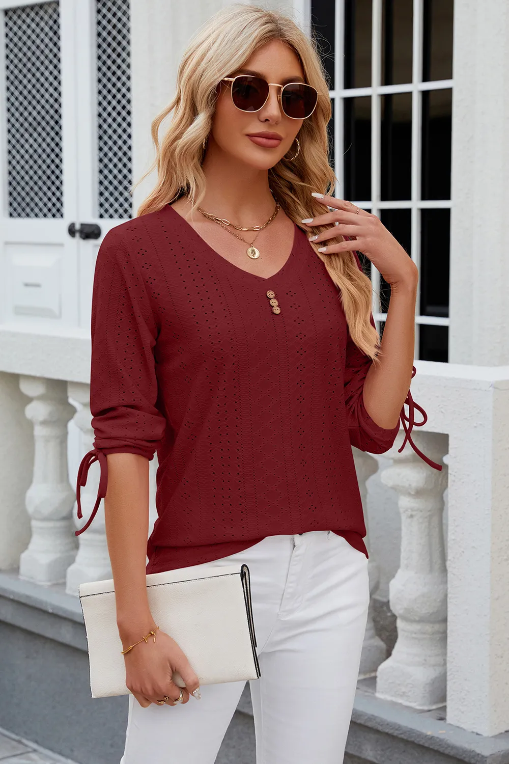 Eyelet Drawstring V-Neck Half Sleeve T-Shirt, image 26