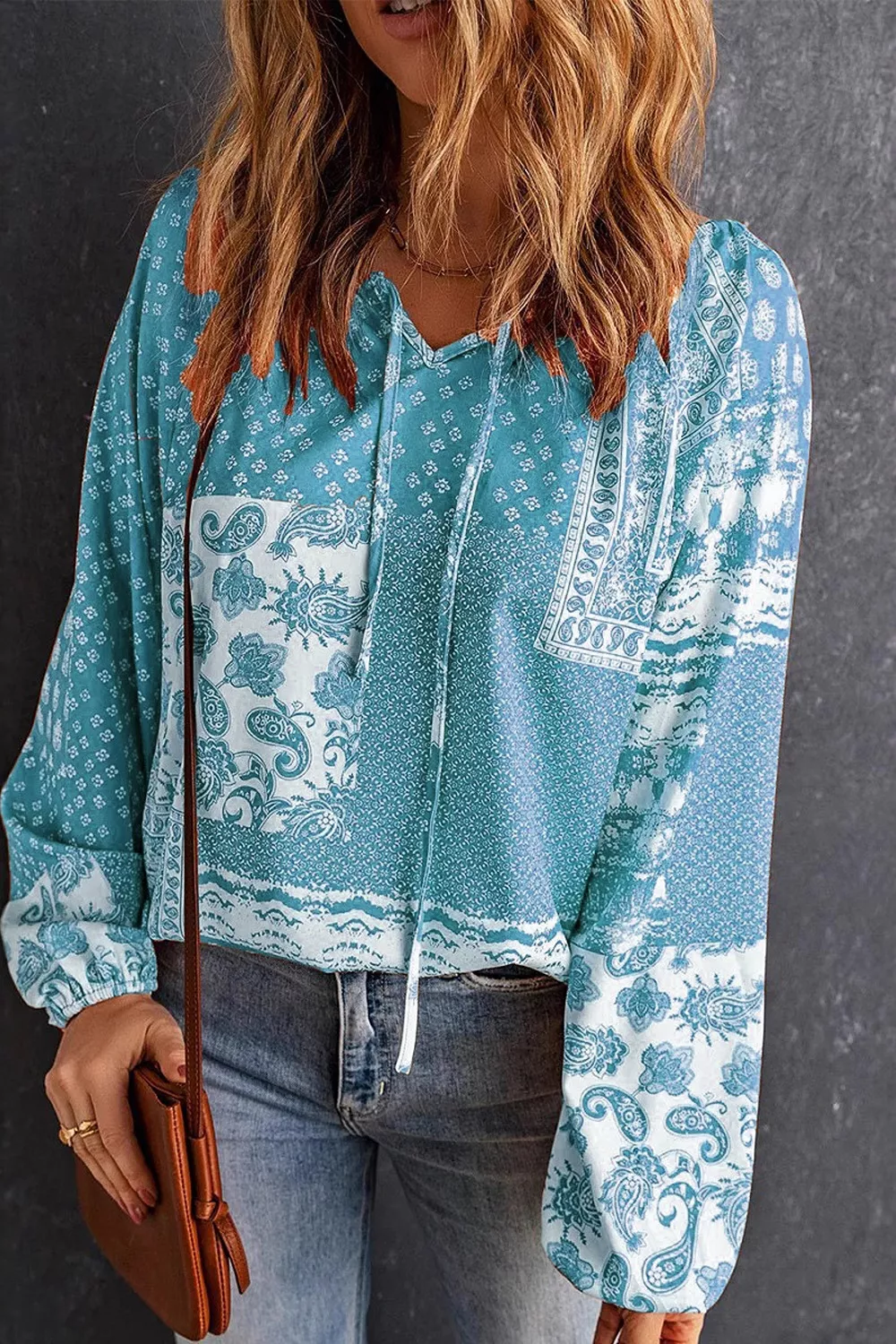 Full Size Paisley Print Tie-Neck Long Sleeve Blouse Plus Size, image 7