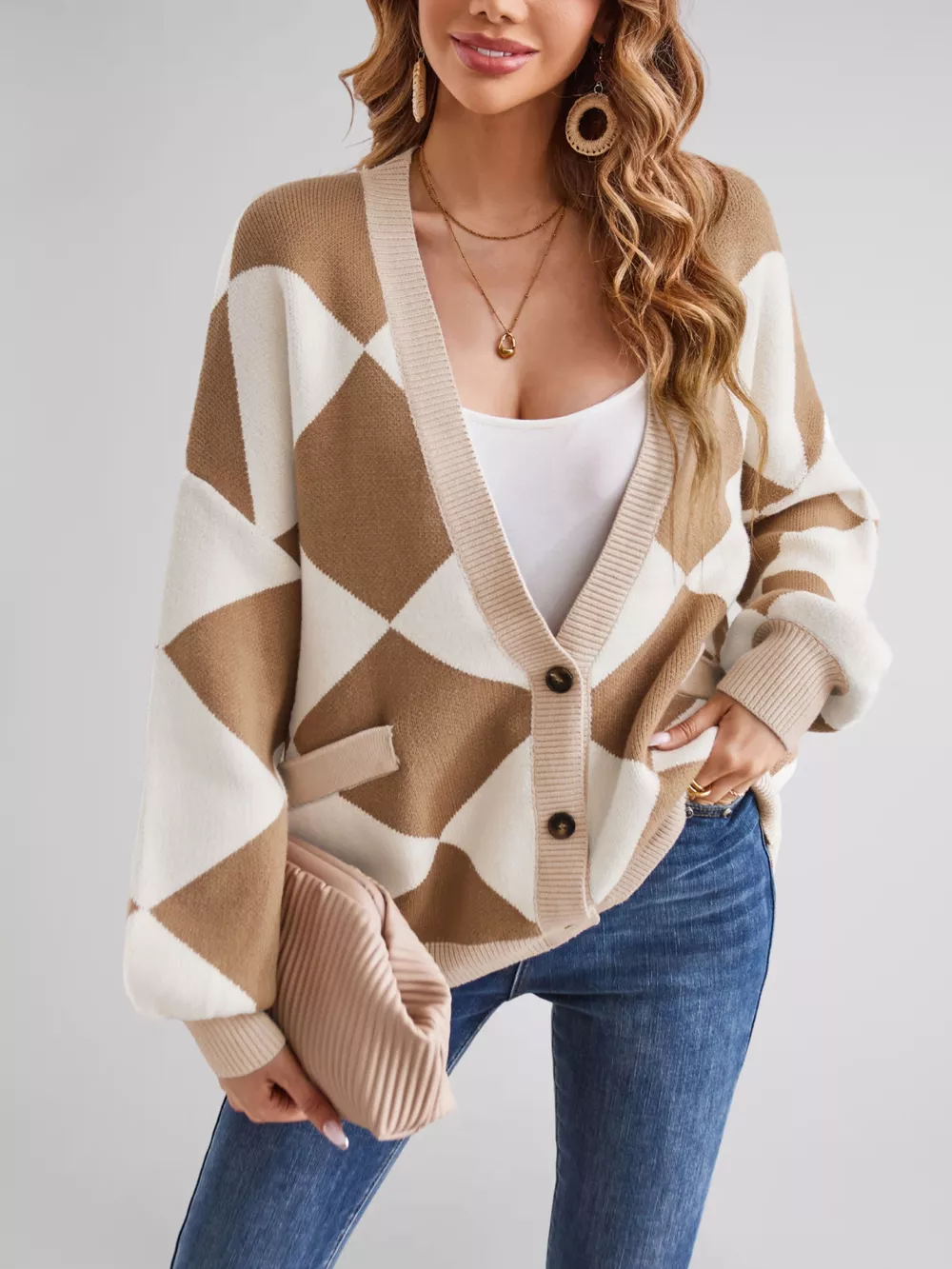 Diamond Pattern Button-Up Knit Cardigan, image 2