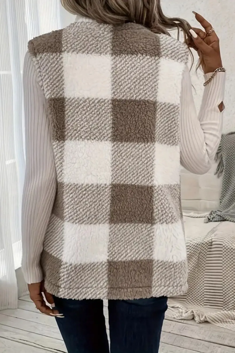 Sherpa Plaid Open Front Vest Coat, image 8