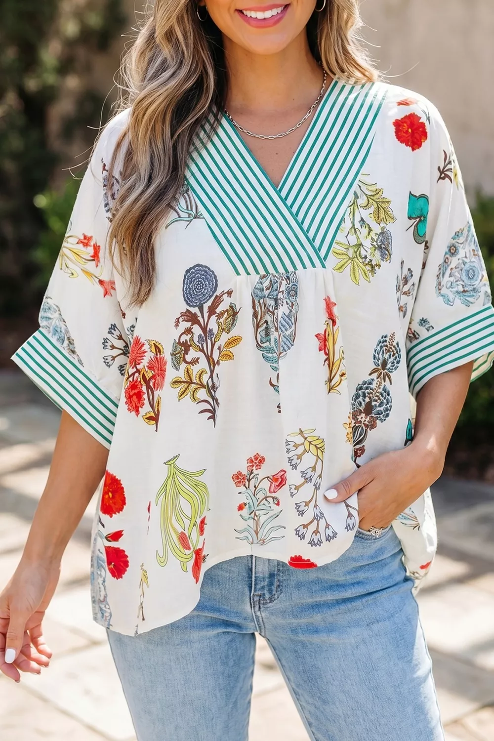 Floral Print Striped Contrast Trim V Neck Half Sleeve Blouse, image 2