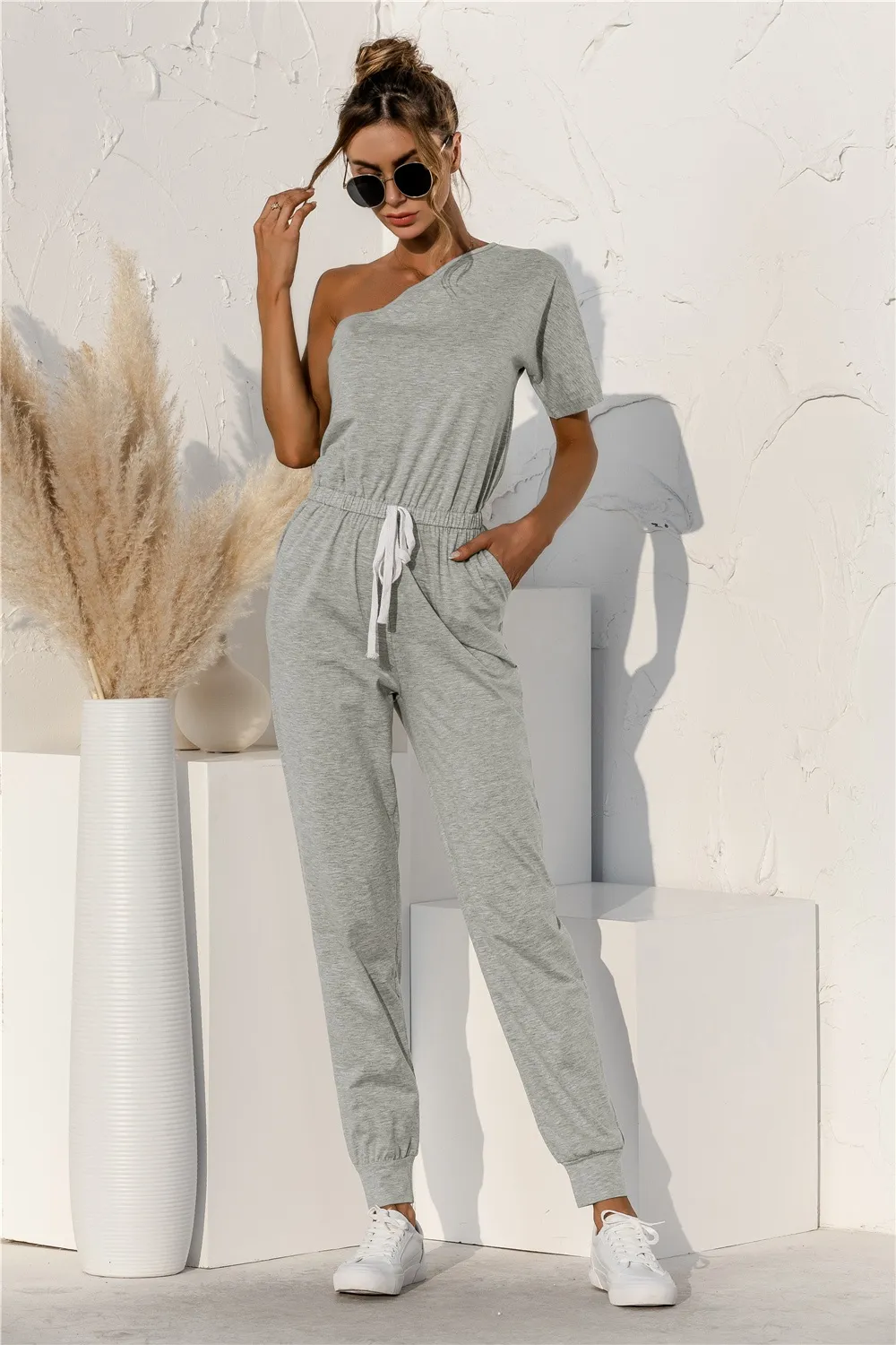 Single Shoulder Short Sleeve Jumpsuit, image 4