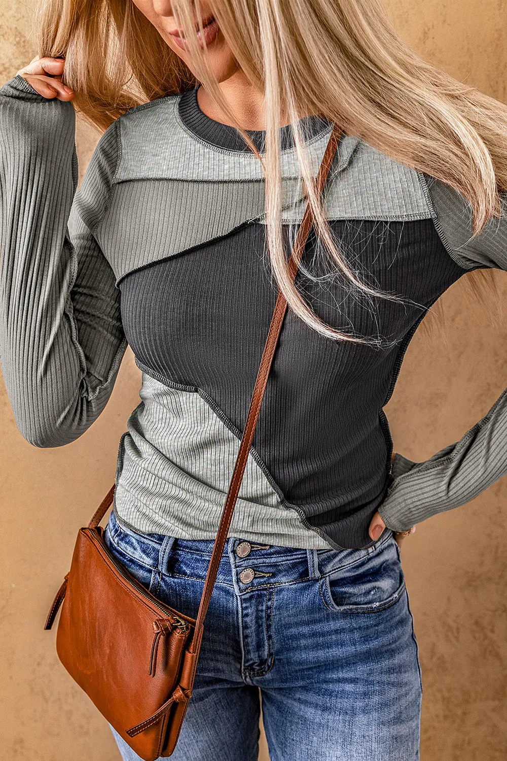 Exposed Seam Contrast Round Neck Long Sleeve T-Shirt, image 10