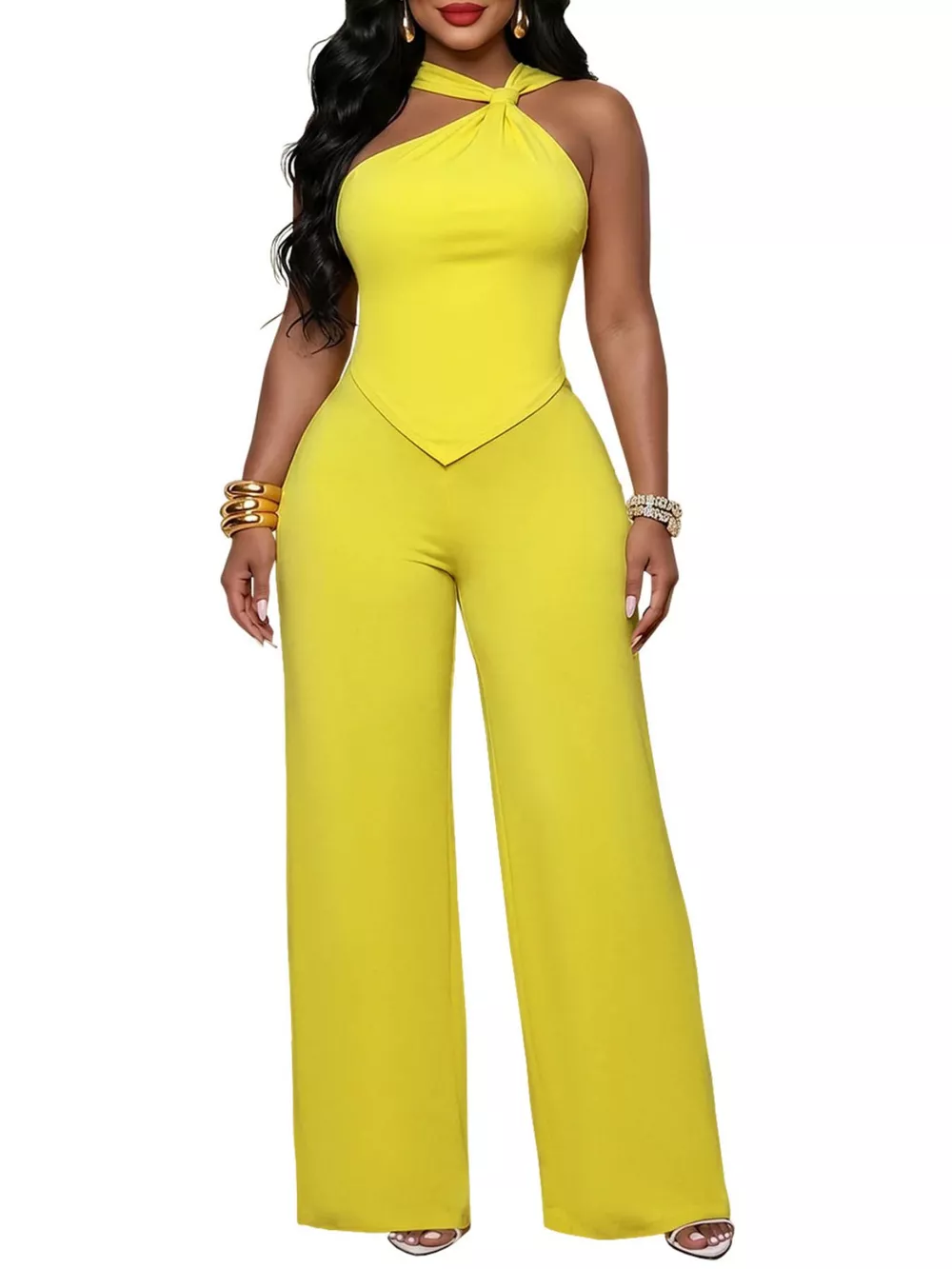 Backless Twist Top and Wide-Leg Pants Set, image 3