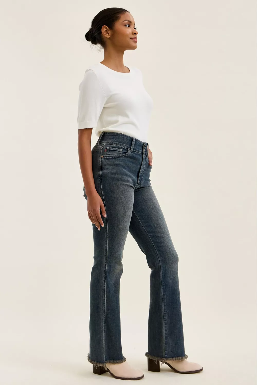 High Waist Double Button Frayed Hem Jeans, image 10