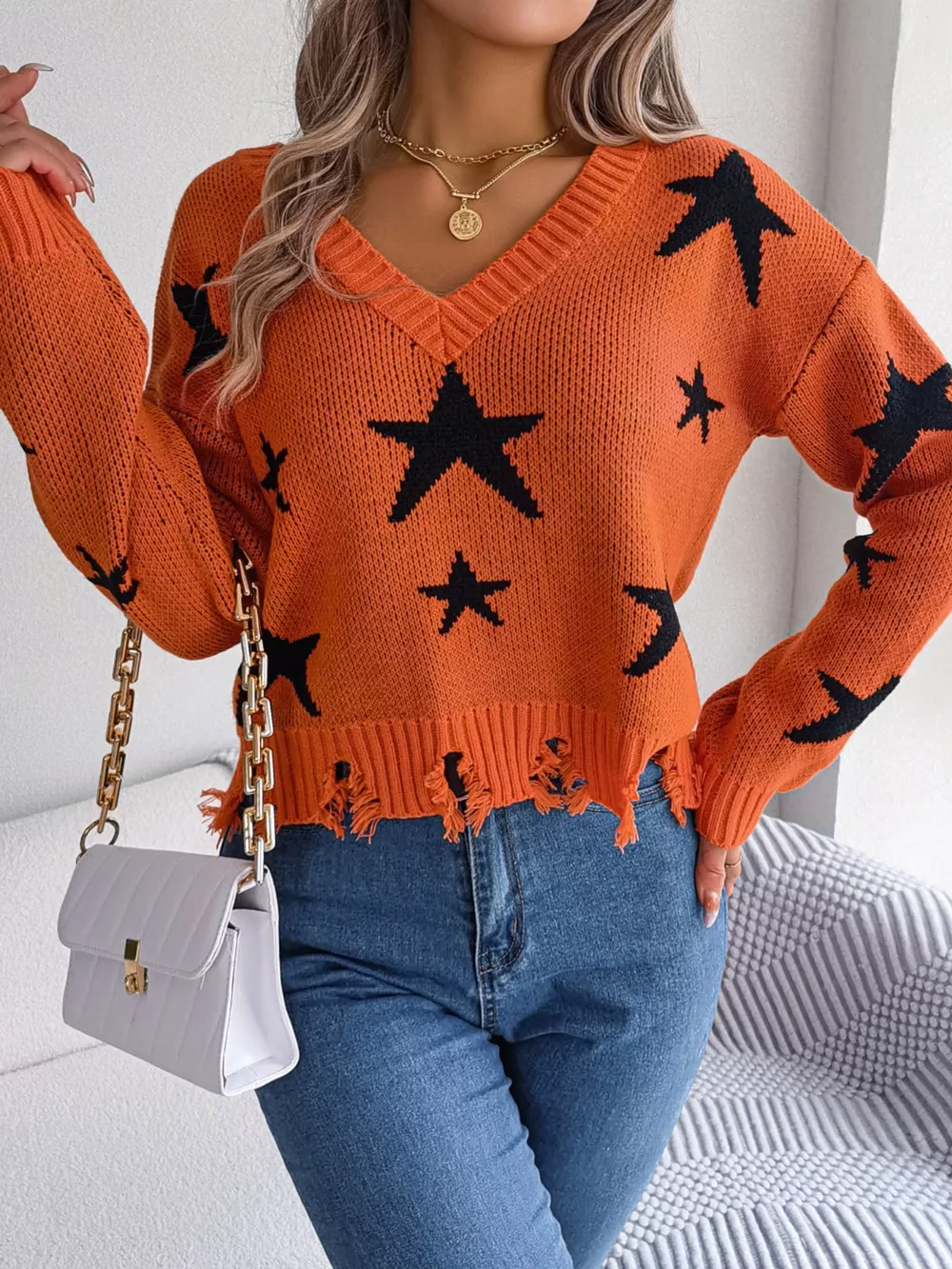Star Pattern V-Neck Distressed Sweater, image 4