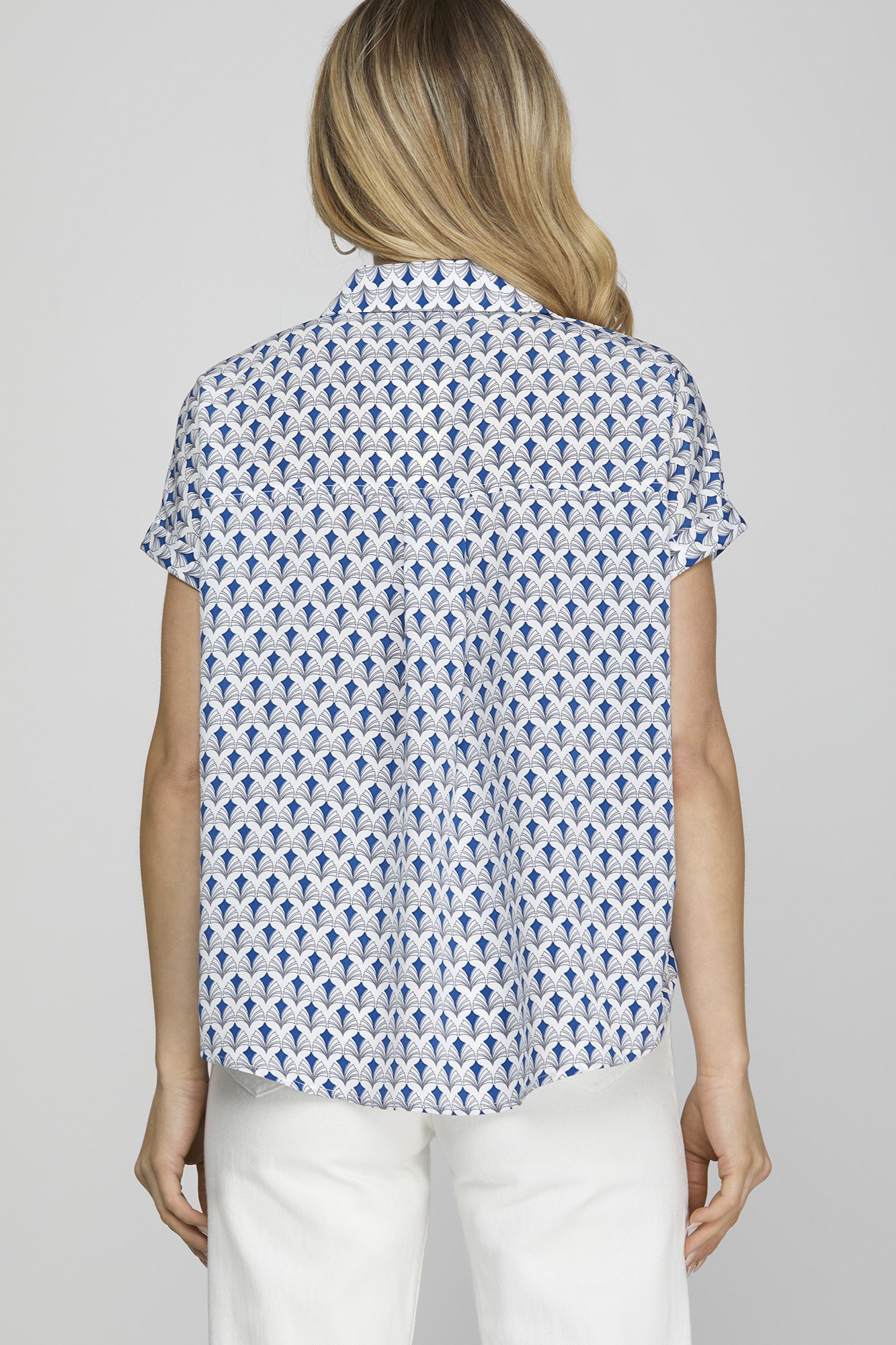 Full Size Printed Johnny Collar Short Sleeve Blouse Plus Size, image 2