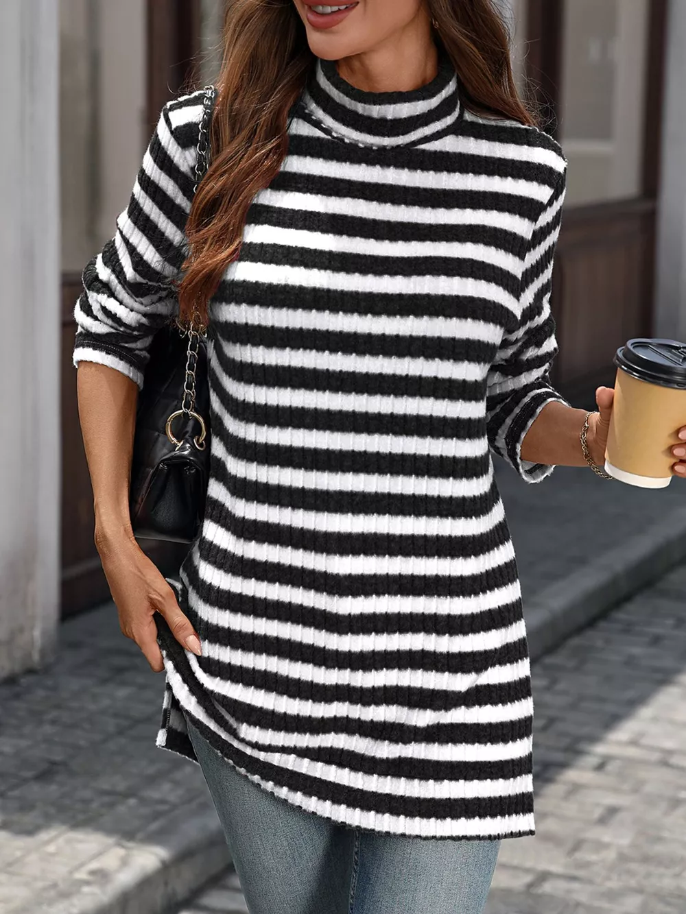 Striped Ribbed Knit Turtleneck Long Sleeve T-Shirt, image 5