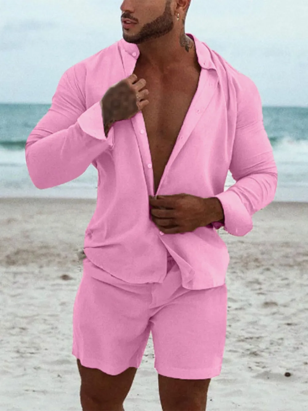 Men's Full Size Button Up Long Sleeve Shirt and Shorts Set Plus Size, image 6