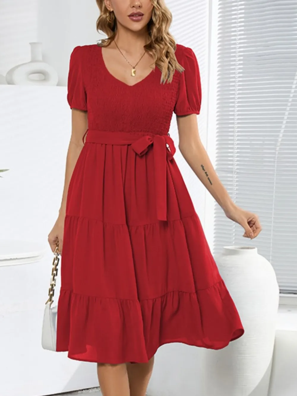 Smocked Tie Front Short Sleeve Tiered Dress, image 2