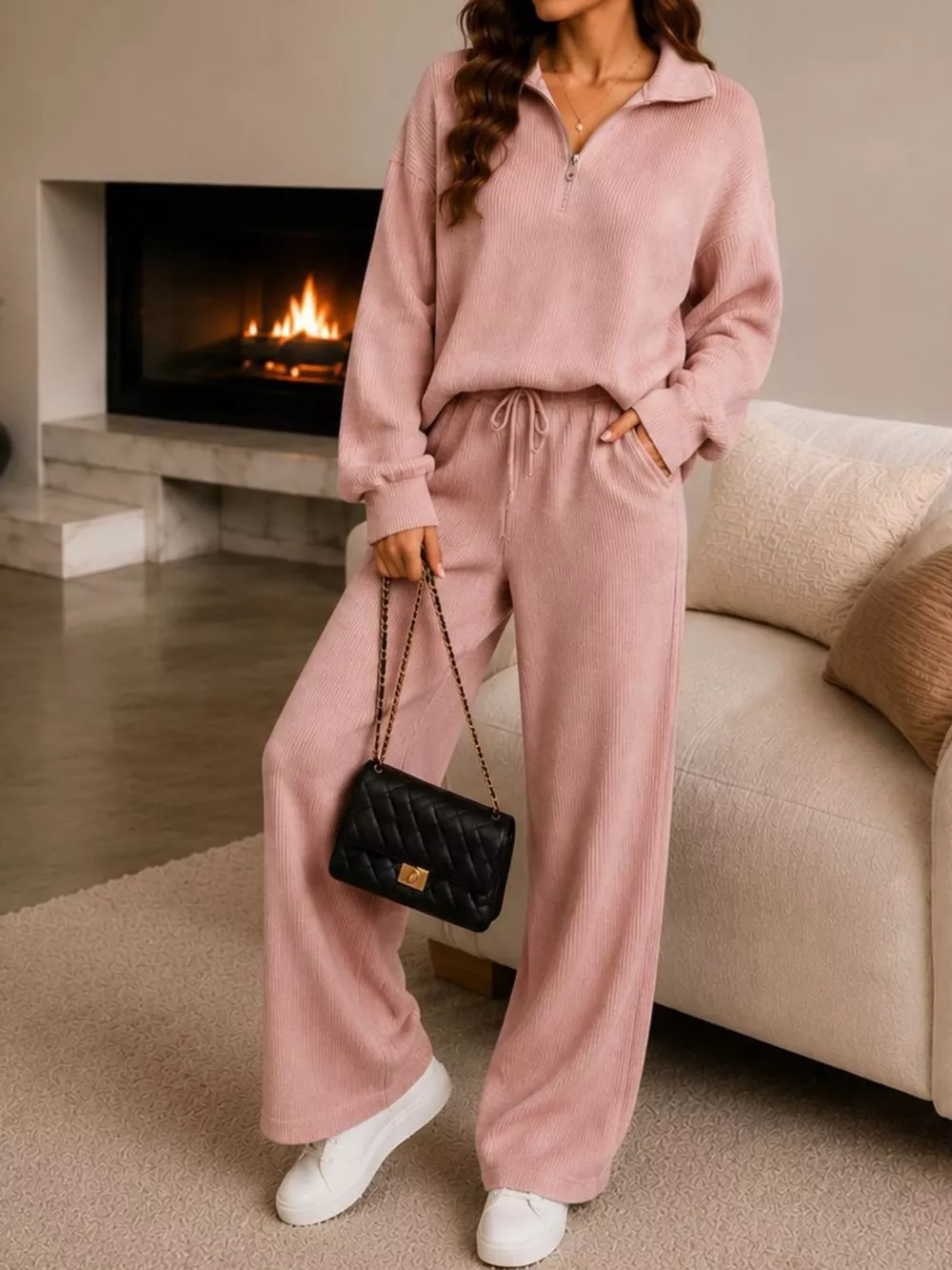 Ribbed Knit Quarter-Zip Top and Wide-Leg Pants Set, image 18