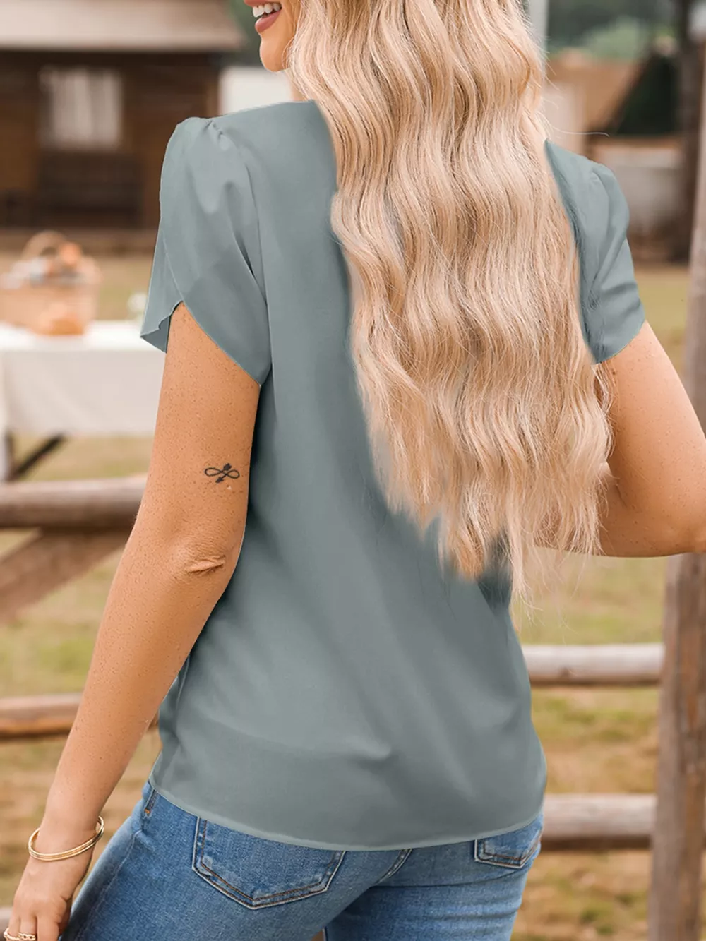 Notched Neckline Petal Sleeve Blouse, image 5