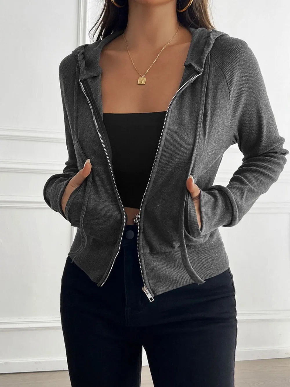 Zip Up Long Sleeve Hooded Outerwear, image 4