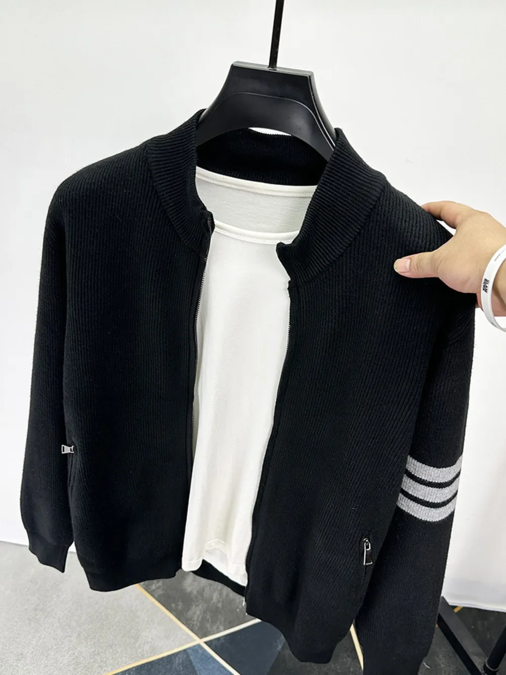 Men's Plus Size Zip Up Striped Long Sleeve Cardigan
