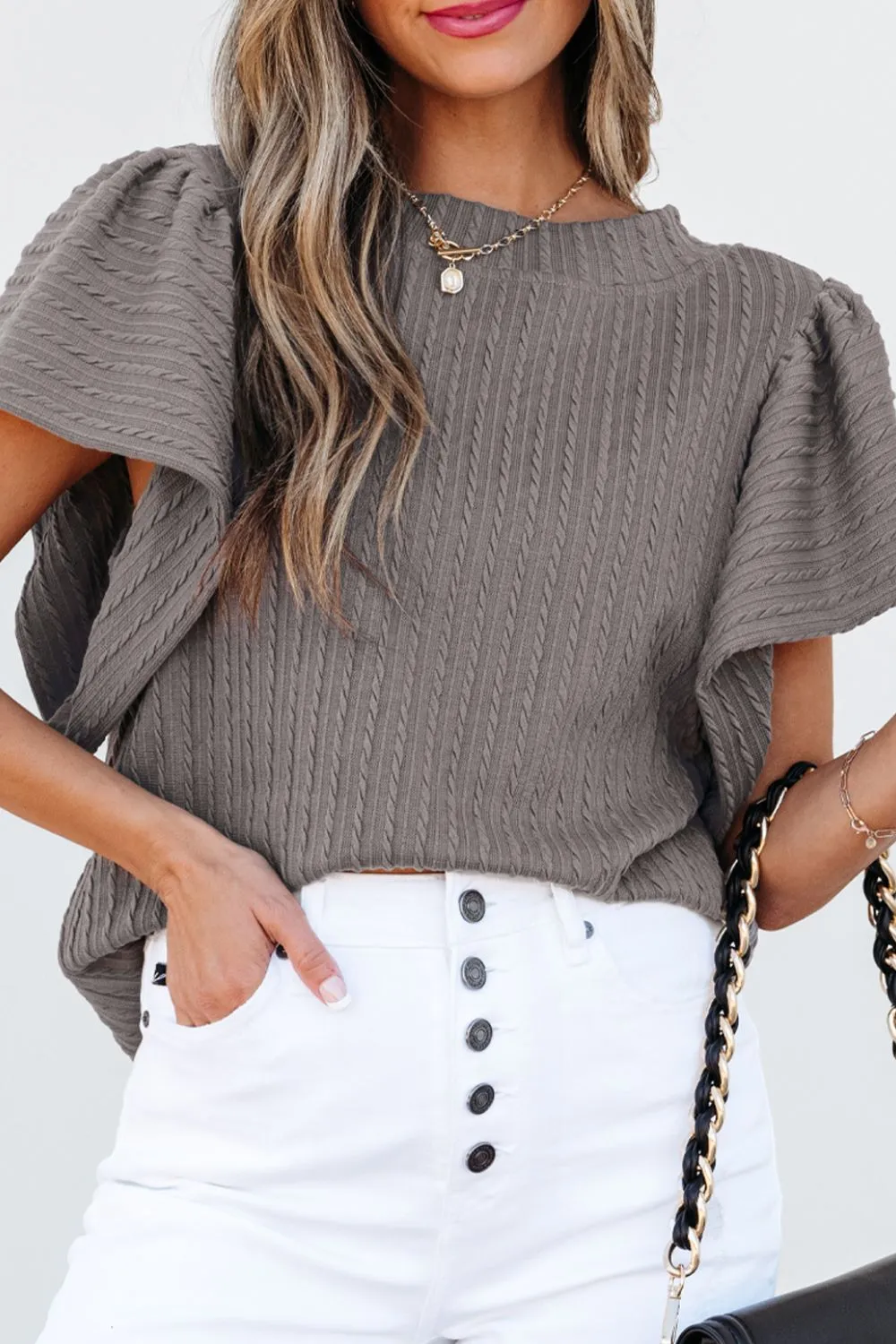 Textured Round Neck Flounce Sleeve Blouse, image 5