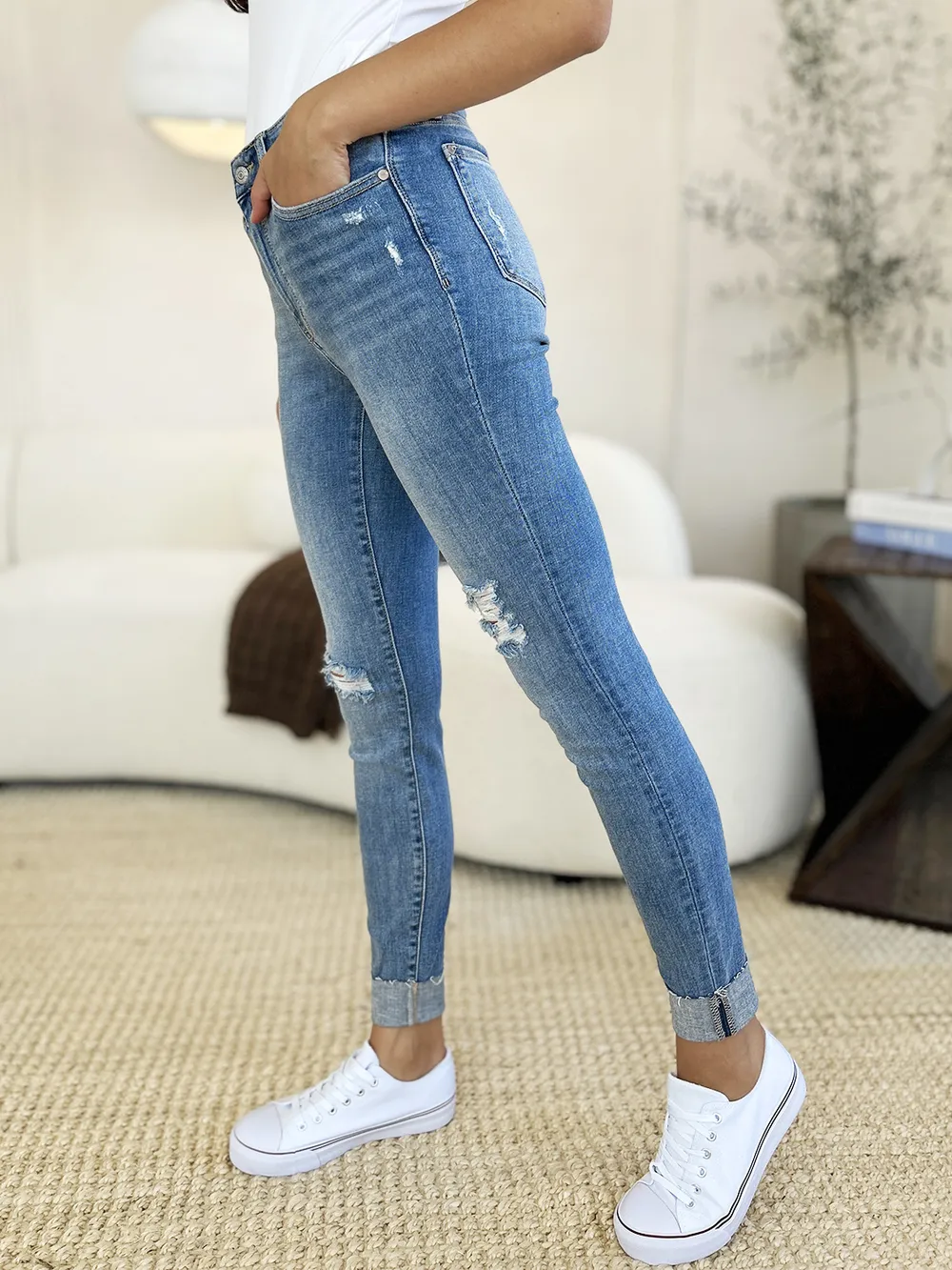Full Size Mid Rise Destroy & Cuff Skinny Jeans, image 6