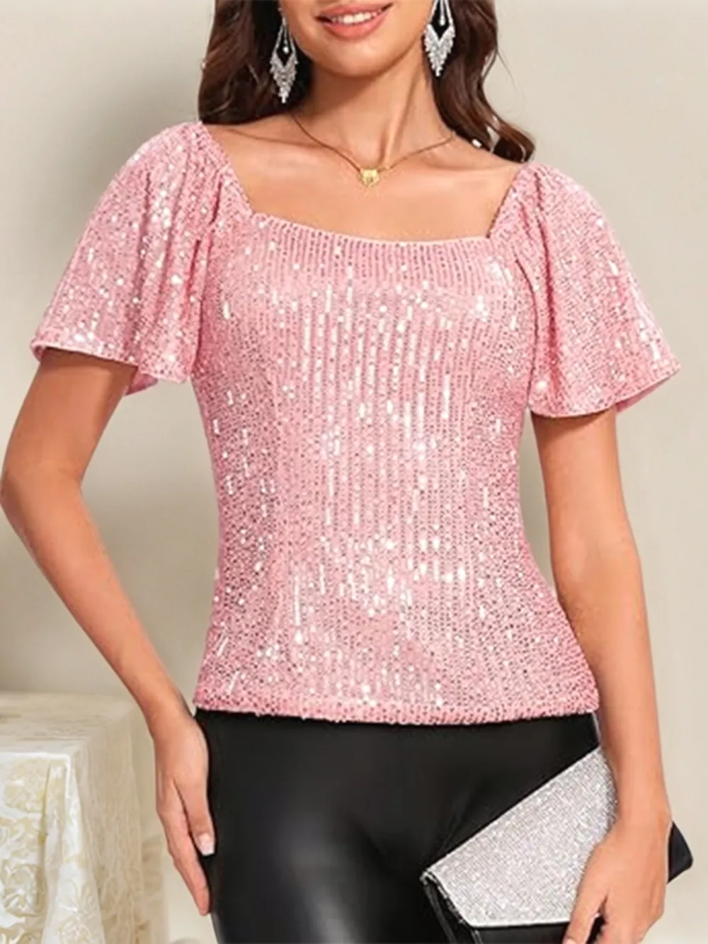 Square Neck Sequin Short Sleeve Blouse, image 7