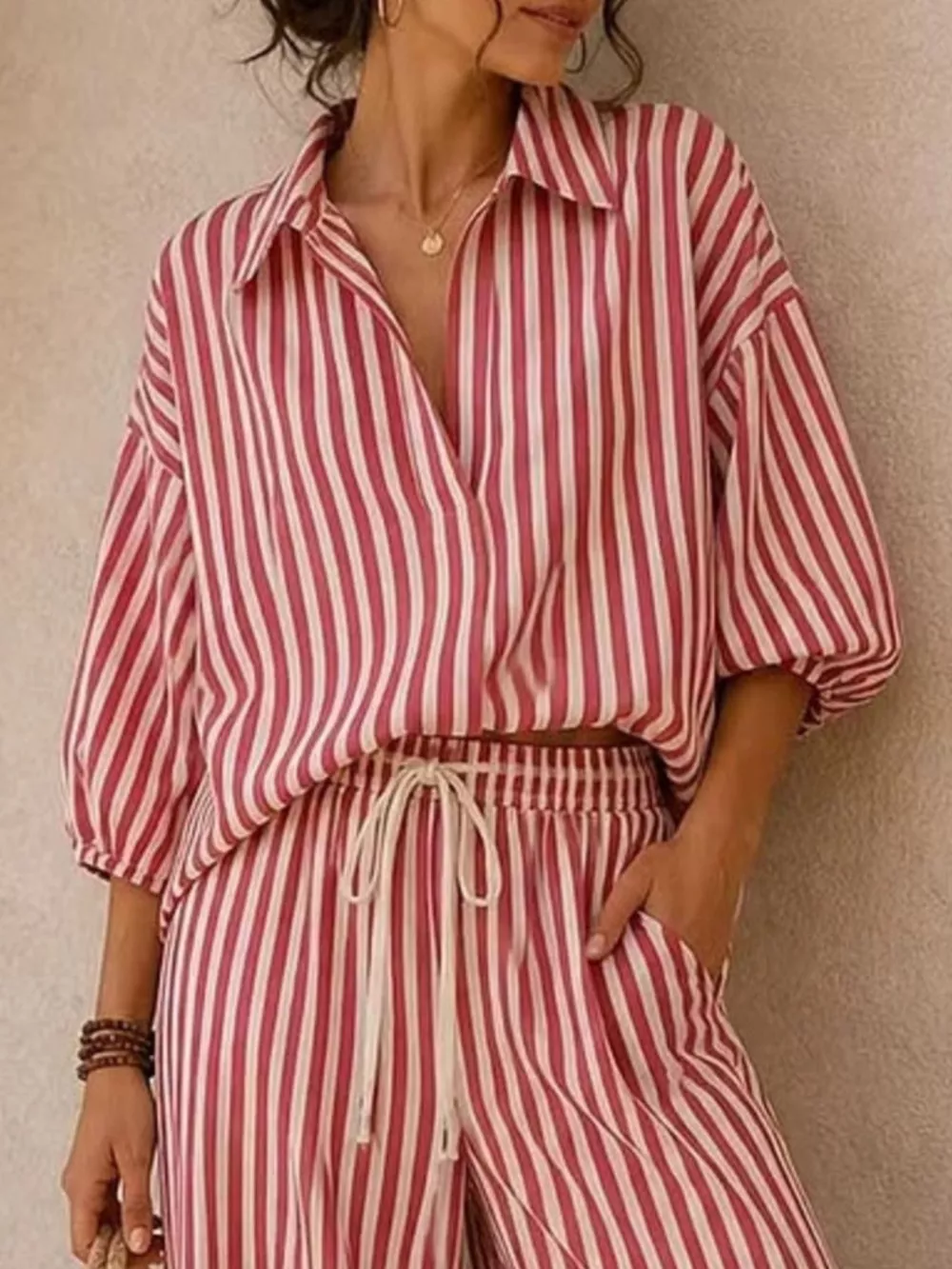 Full Size Striped Puff Sleeve Shirt and Wide-Leg Drawstring Pants Set Plus Size, image 8