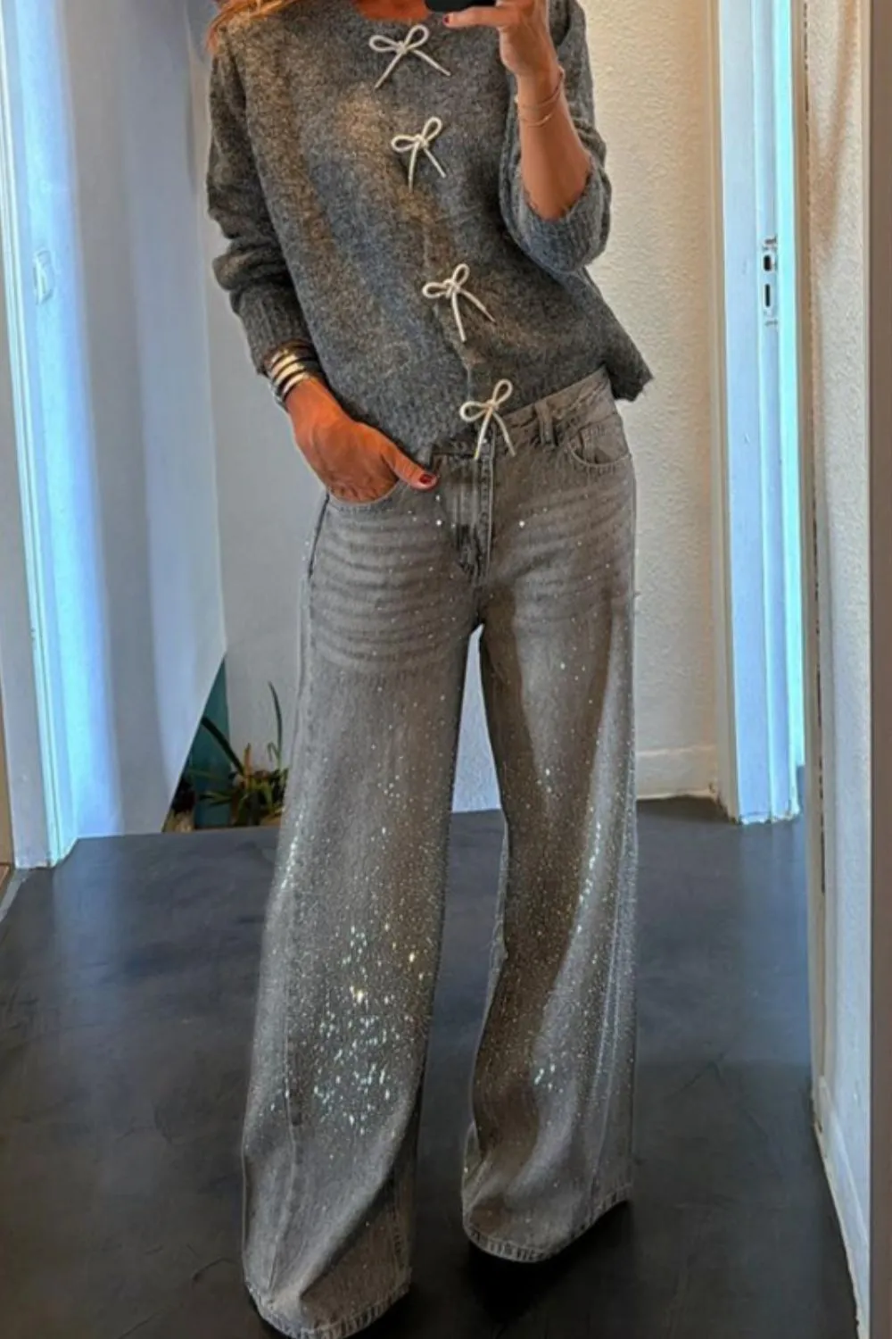 Bow Round Neck Long Sleeve Cardigan, image 2