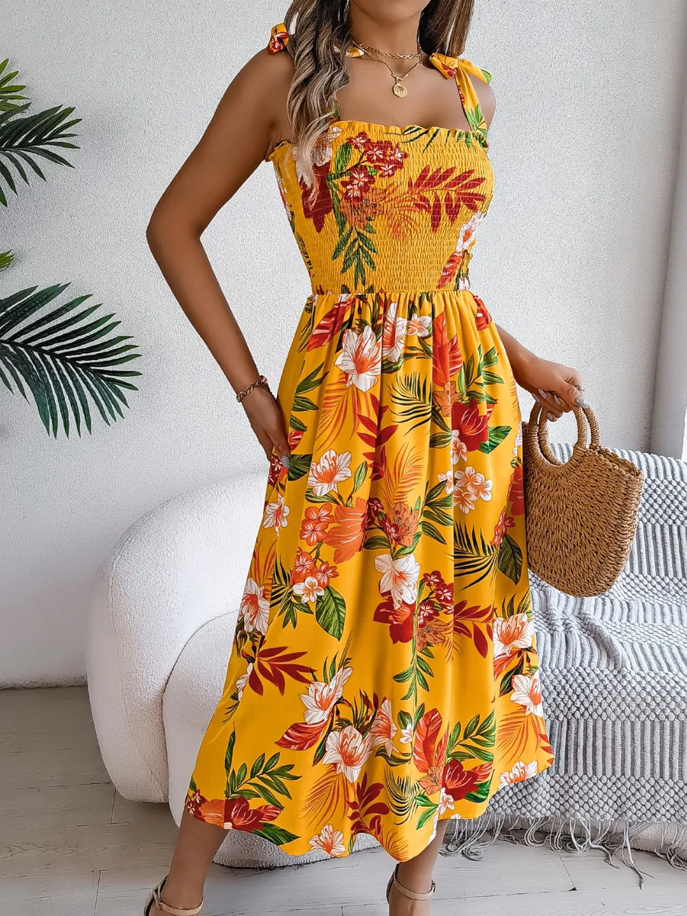 Smocked Floral Tie Shoulder Midi Dress, image 7