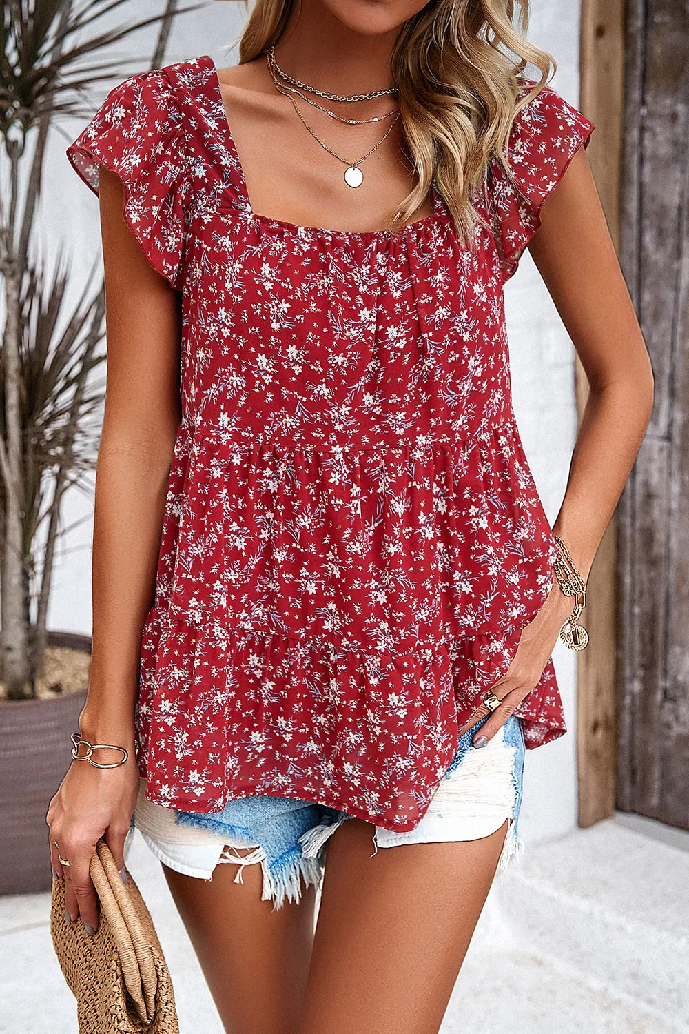 Printed Square Neck Cap Sleeve Blouse, image 4