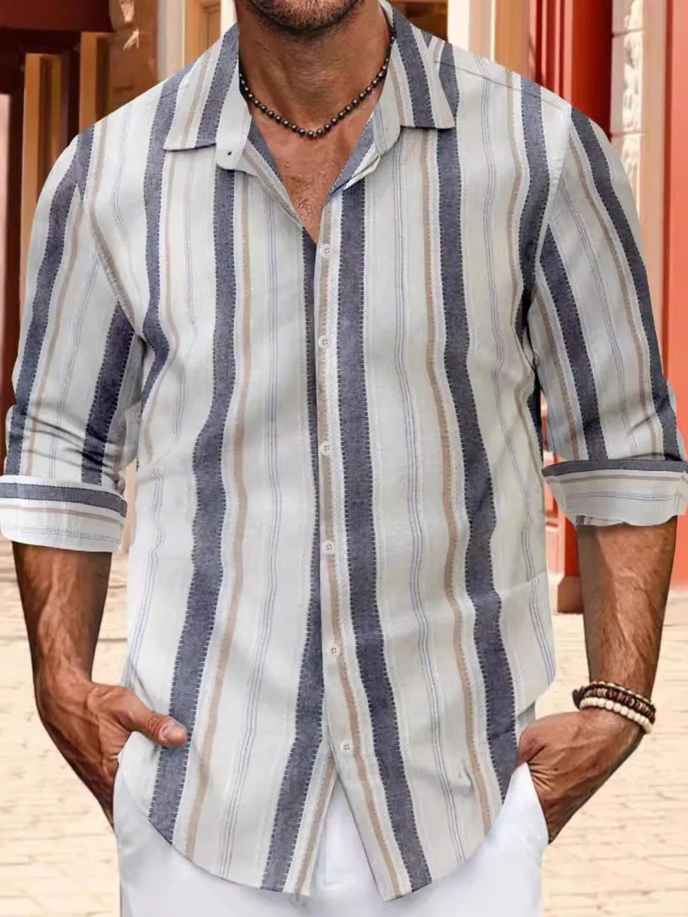 Men's Full Size Striped Button Up Long Sleeve Shirt Plus Size, image 3