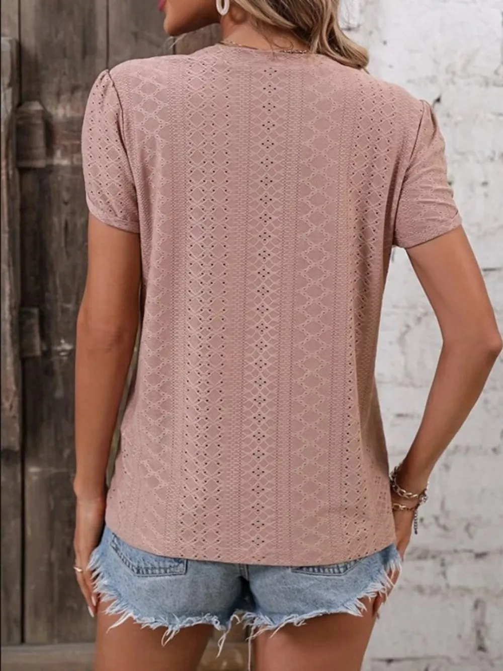 Eyelet V-Neck Petal Sleeve T-Shirt, image 13