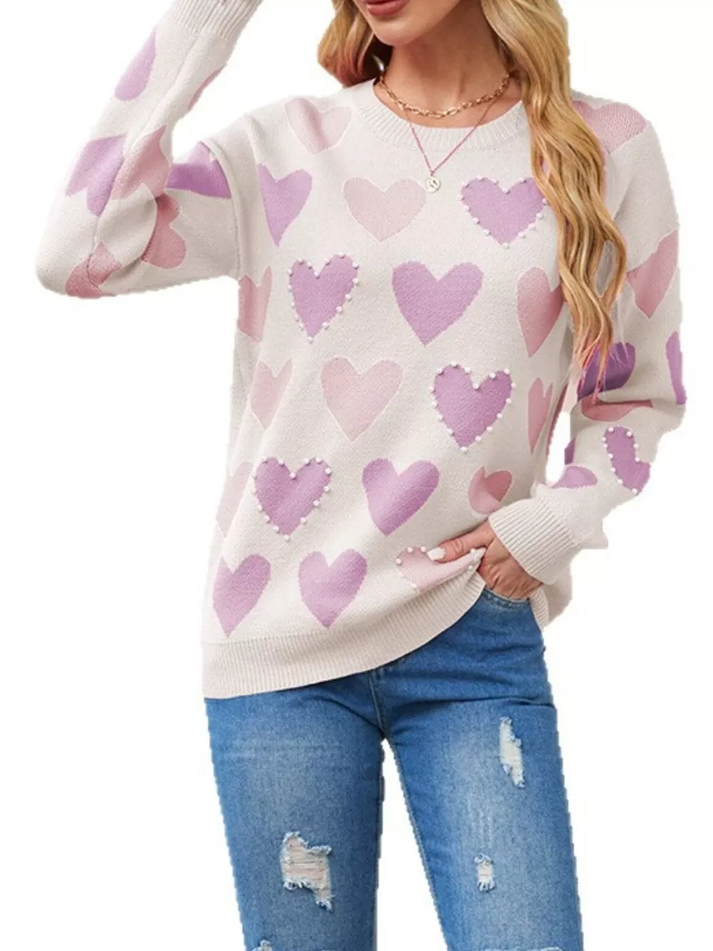 Heart Pattern Pearl Embellishments Sweater, image 3