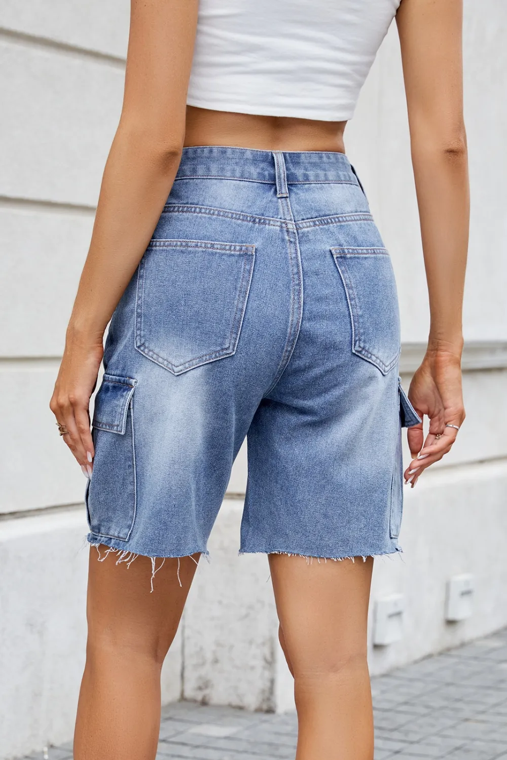 Raw Hem Washed Denim Shorts with Cargo Pockets, image 5