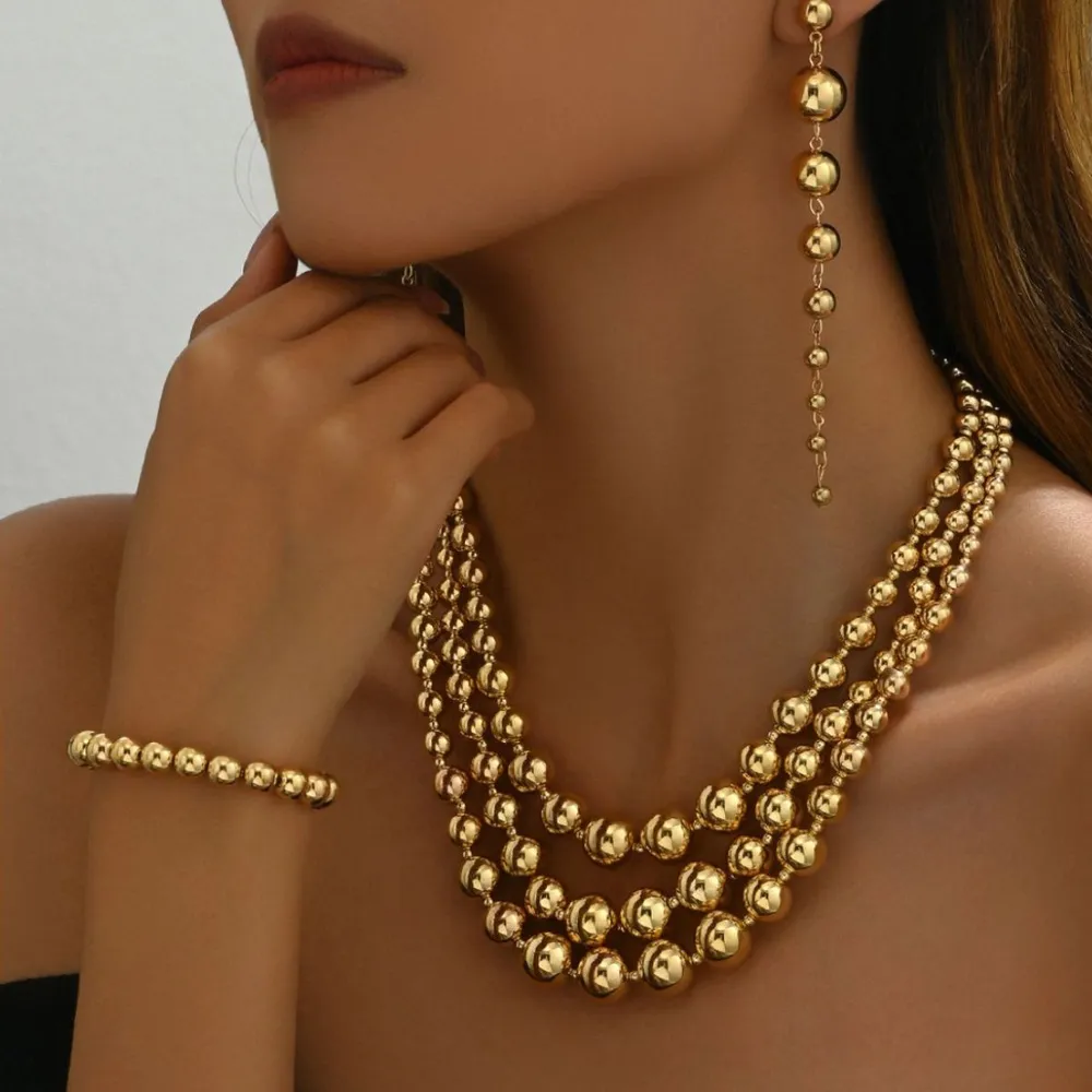18K Stainless Steel Beaded Multi-Layered Necklace Bracelet Earrings Jewelry Set, image 5