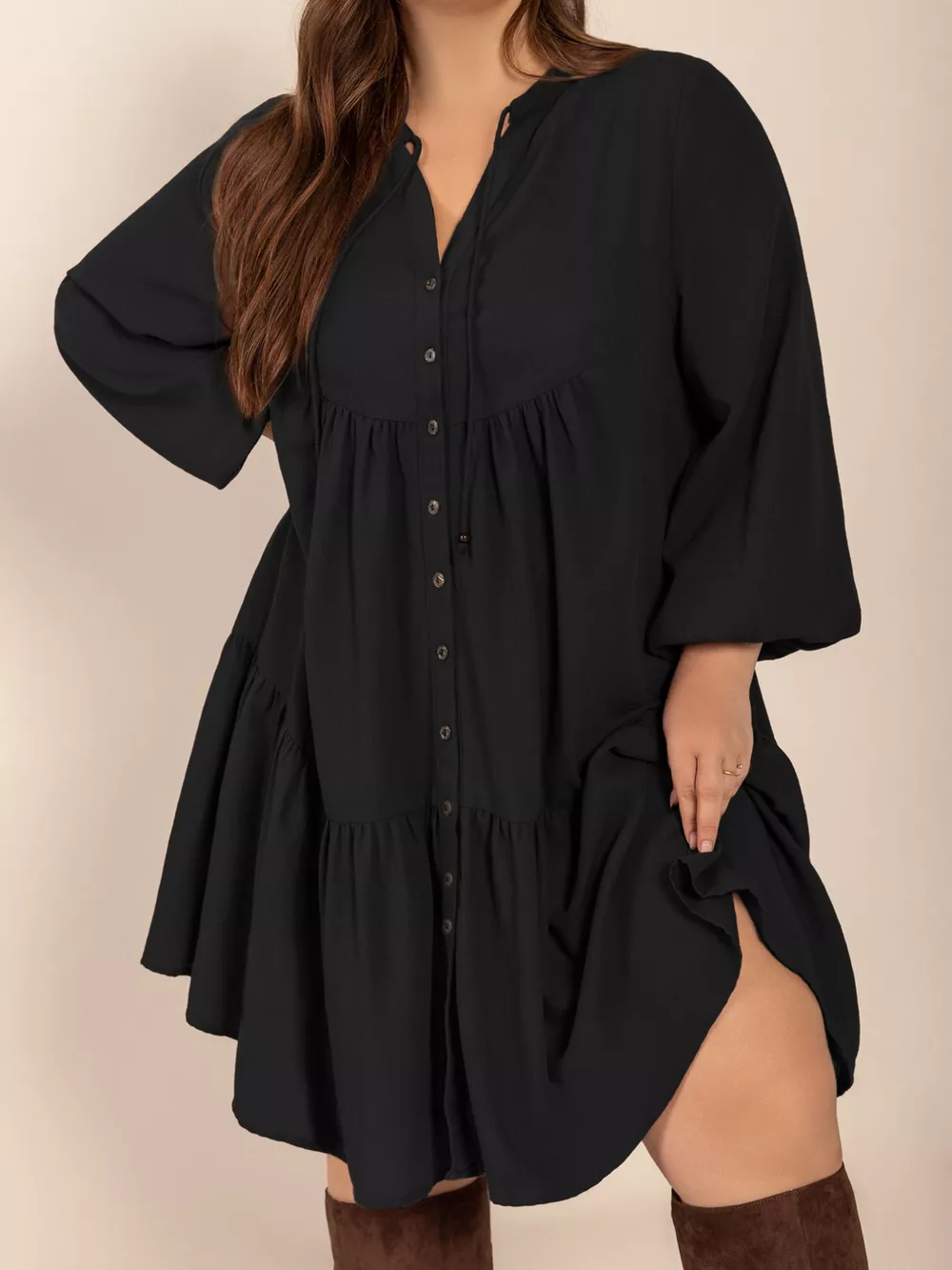 Plus Size Button Front Balloon Sleeve Dress