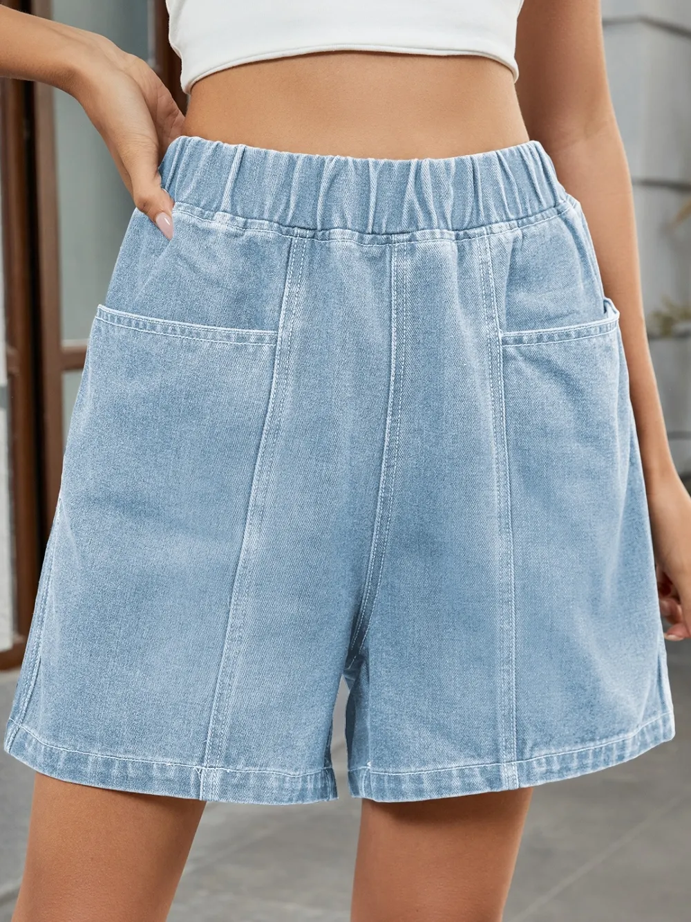 Elastic Waist Denim Shorts, image 7