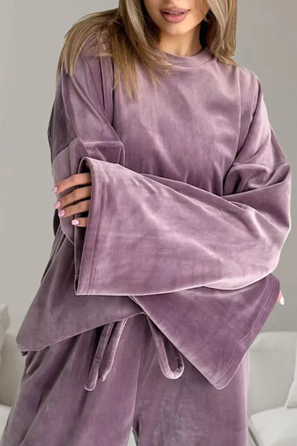 Buttery-Soft Round Neck Long Sleeve Top and Drawstring Pants Set, image 3