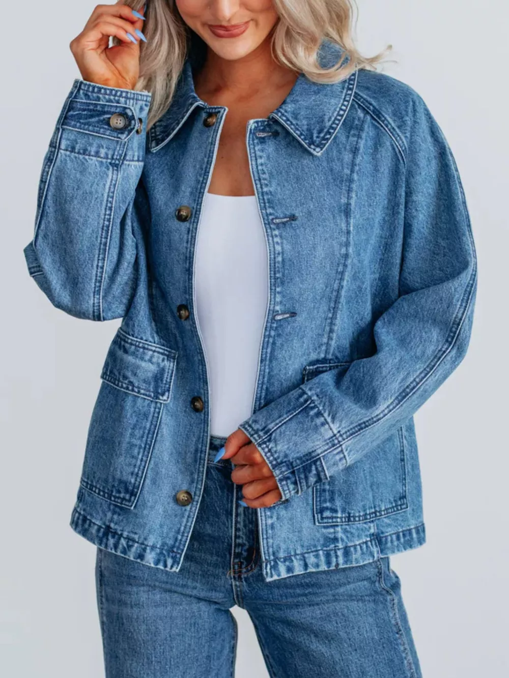 Button Up Raglan Sleeve Denim Jacket, image 4