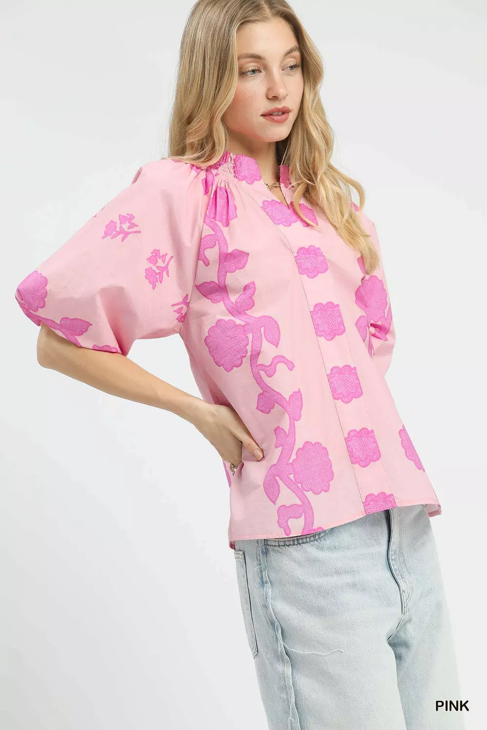 Floral Smocked Notched Puff Sleeve Blouse, image 3