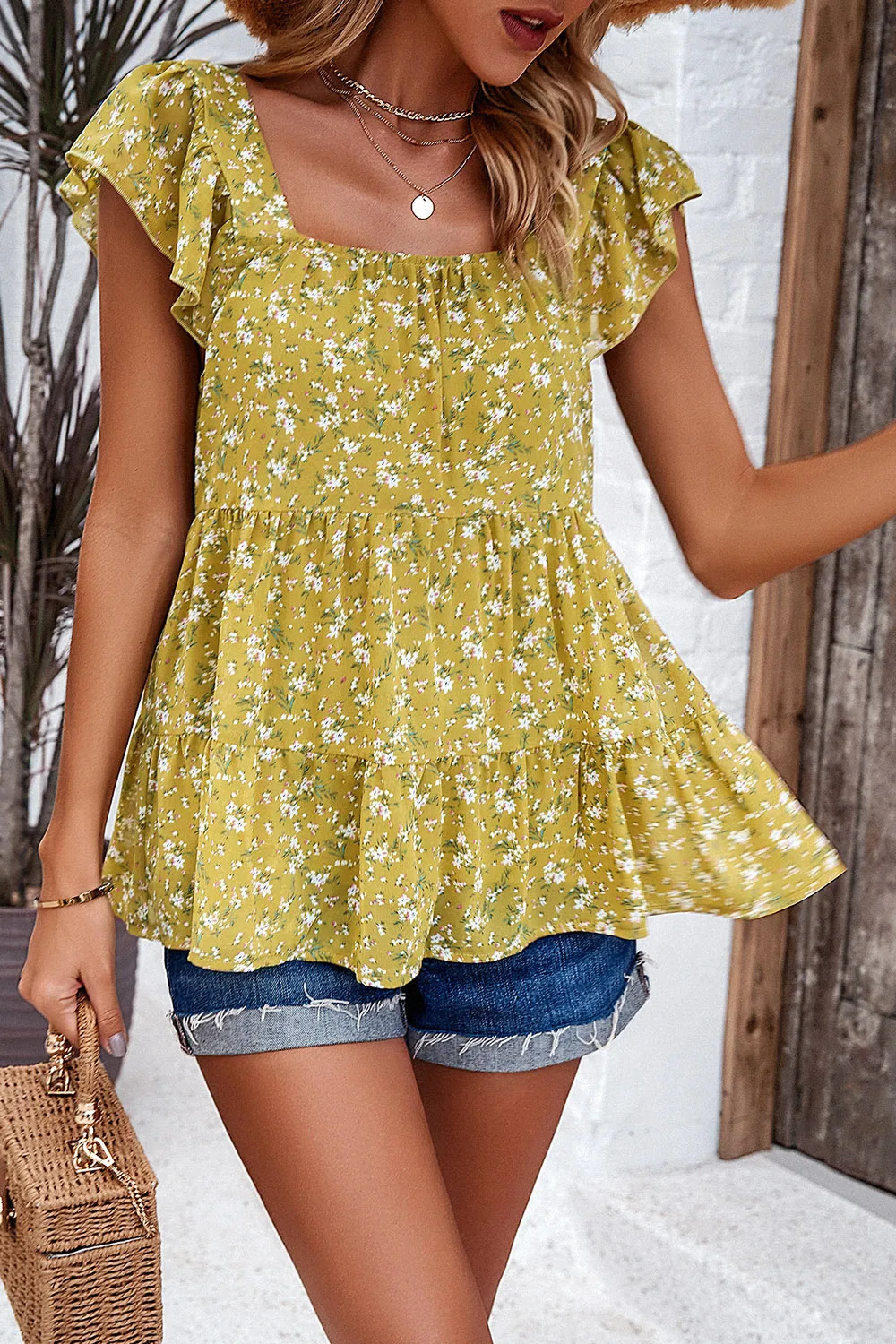 Printed Square Neck Cap Sleeve Blouse, image 13