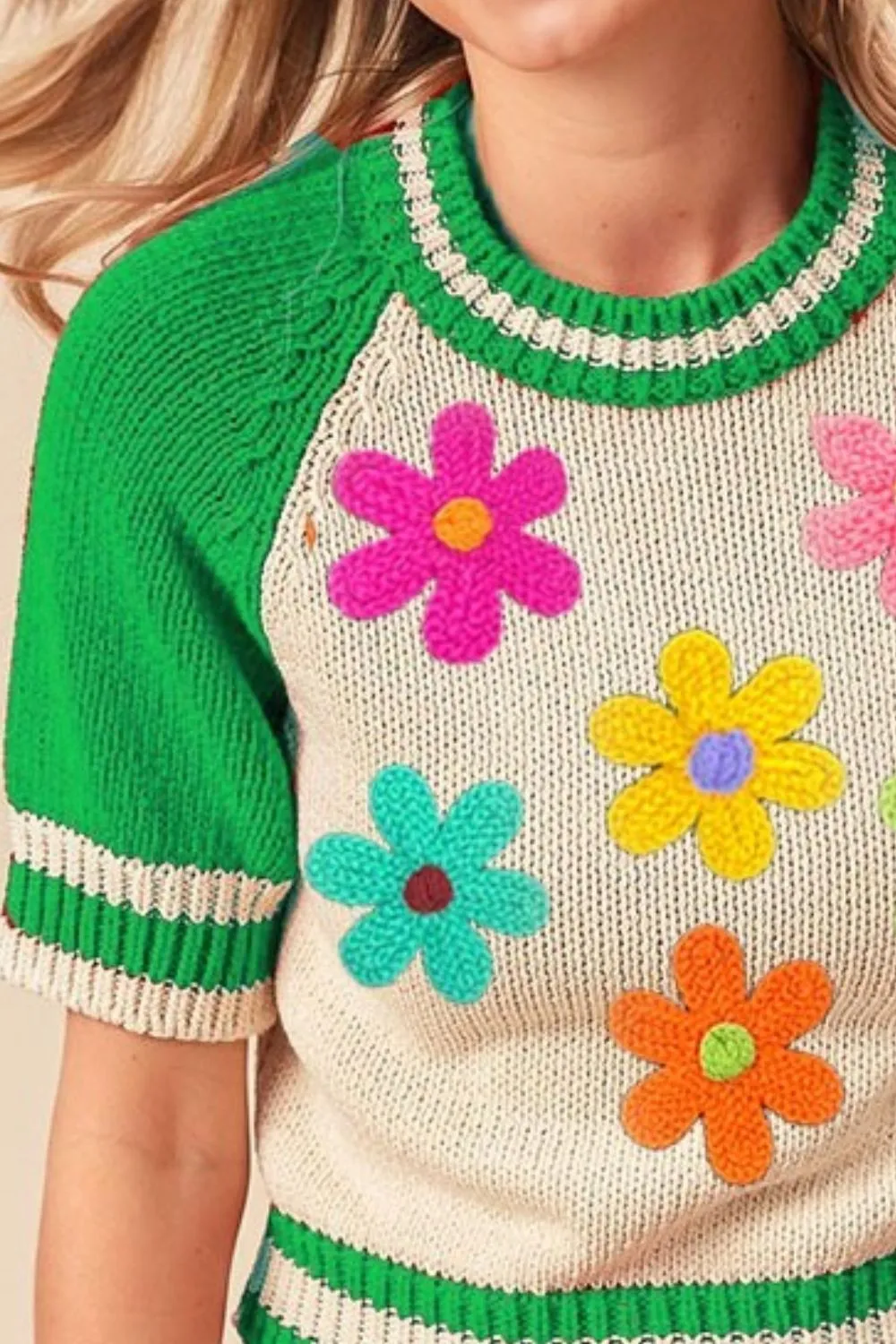 Crochet Flower Patches Striped Rib Band Sweater, image 2