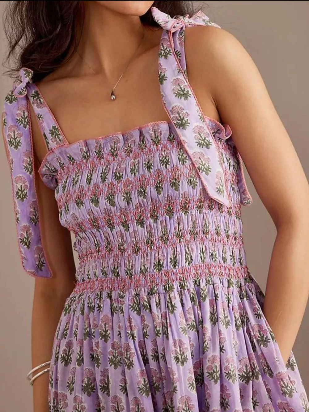 Floral Smocked Tie-Shoulder Midi Dress, image 8