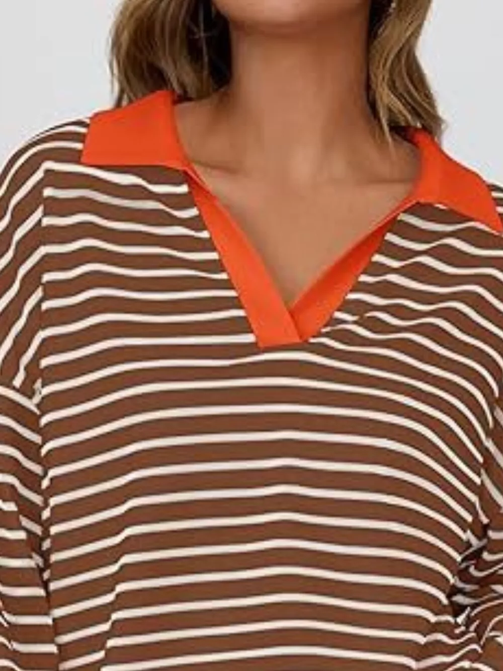Striped Contrast Collar Long Sleeve Top, image 3