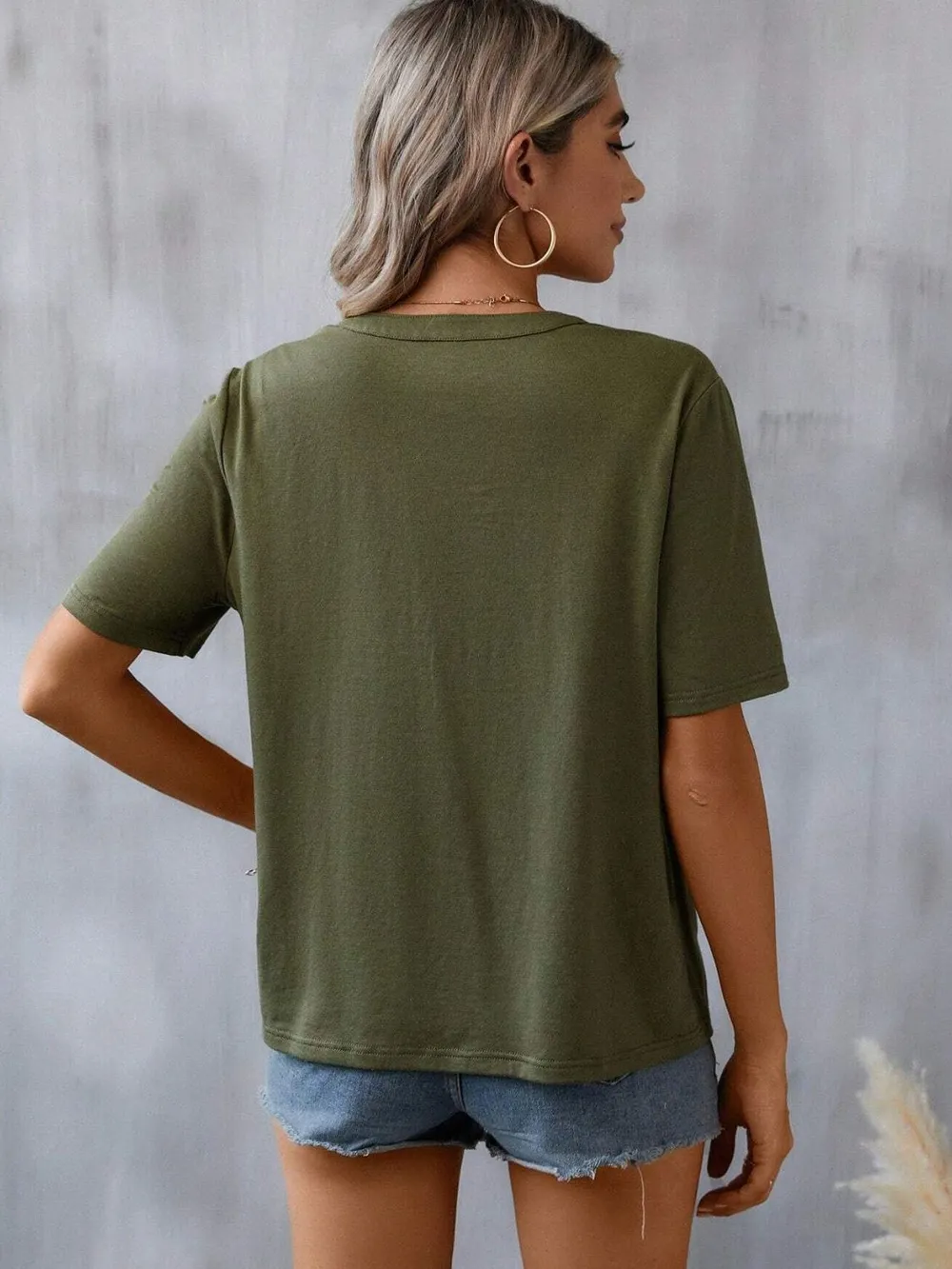 Embroidered Notched Short Sleeve T-Shirt, image 10