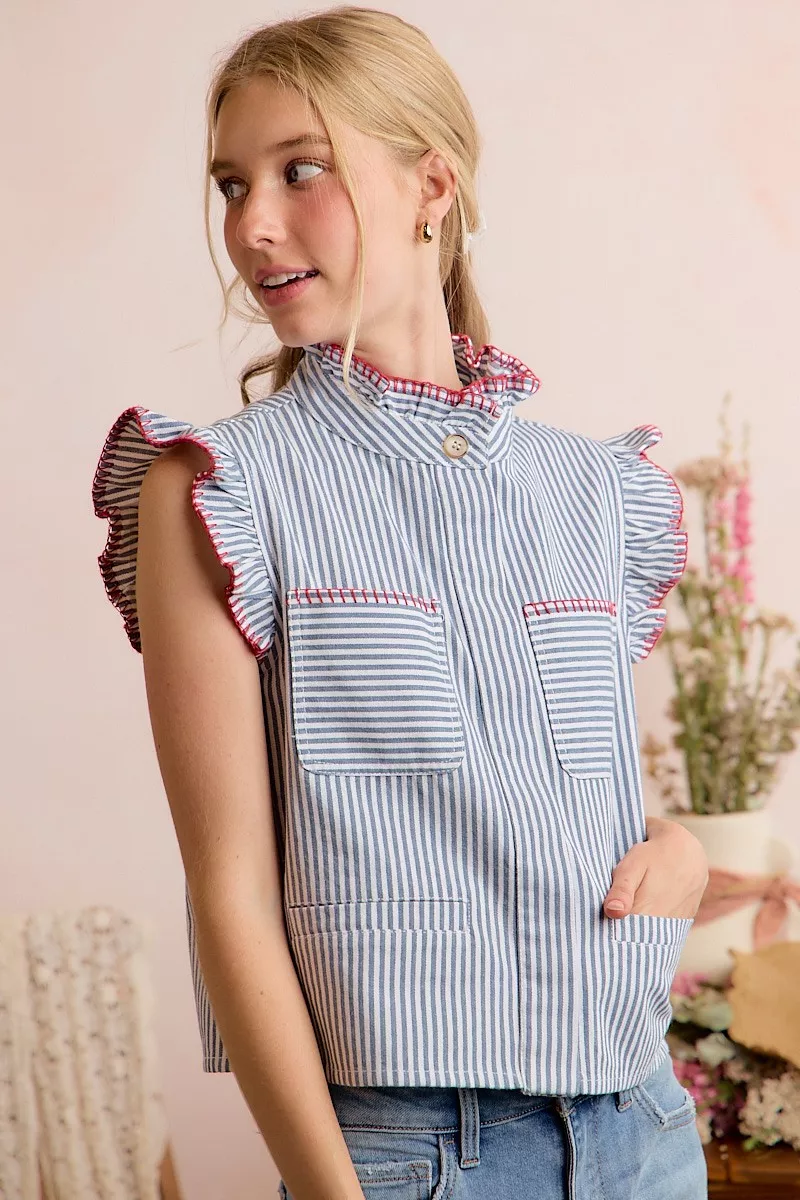 Stripe Twill Stitch Ruffled Hidden Button Vest Top, image 14