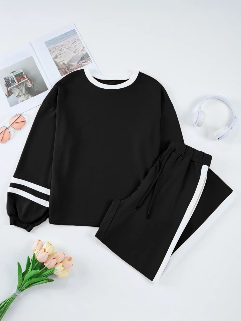 Contrast Trim Round Neck Top and Pants Set, image 7