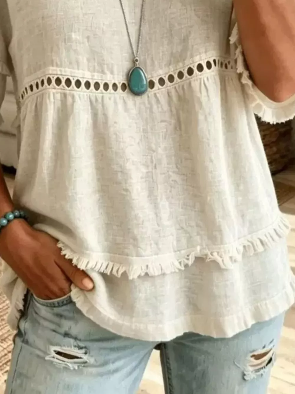 Eyelet V-Neck Frayed Edge T-Shirt, image 5