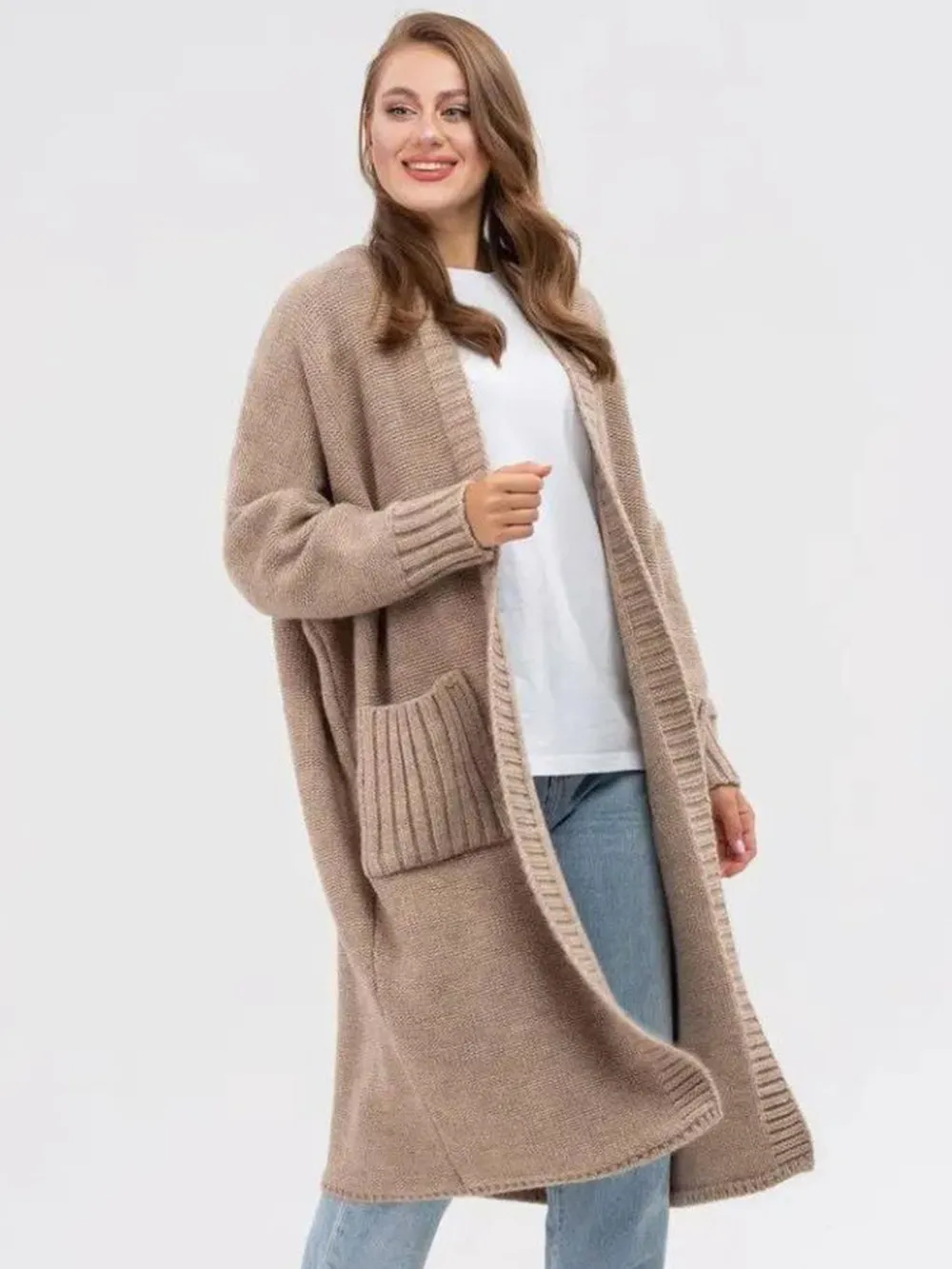 Pocketed Open Front Long Sleeve Longline Cardigan, image 2